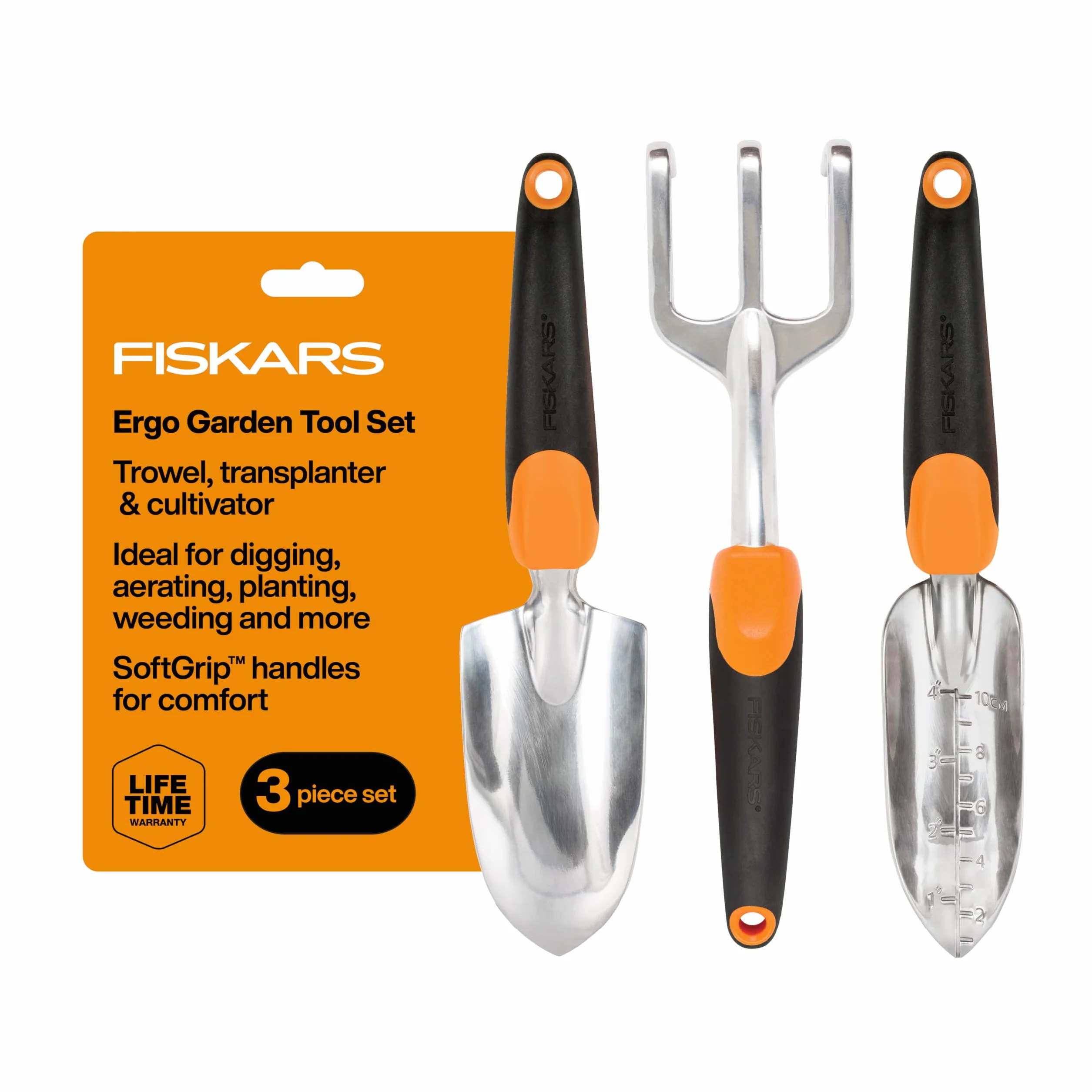 Fiskars Ergo - Juego de Herramientas de jardinería reciclables, Color Negro y Naranja