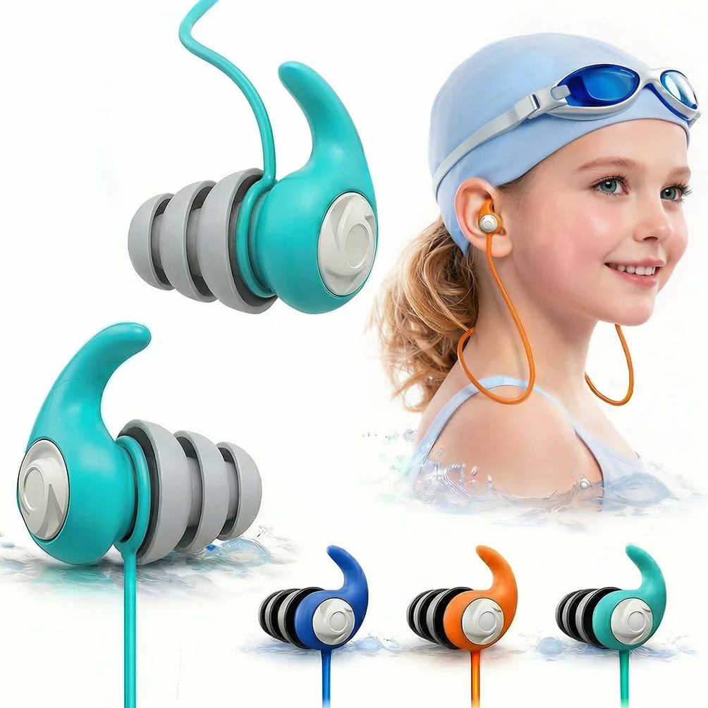 Tapones para los Oídos de Natación para Niños 3 Pares Silicona Impermeable Cordón Amovible Reutilizables