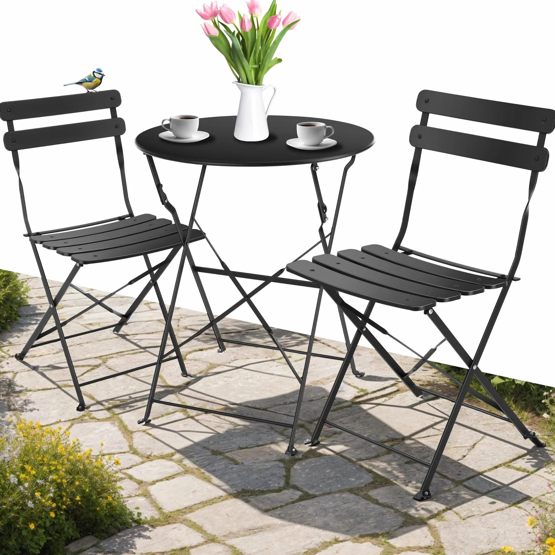 tectake® Conjunto Muebles Jardín Exterior de Mesa de Bistró y 2 Sillas, Plegables, Tapas Antideslizantes, Mesa y Sillas Terraza Estilo Retro con Estructura de Acero, Ideal Balcones Pequeños - Negro