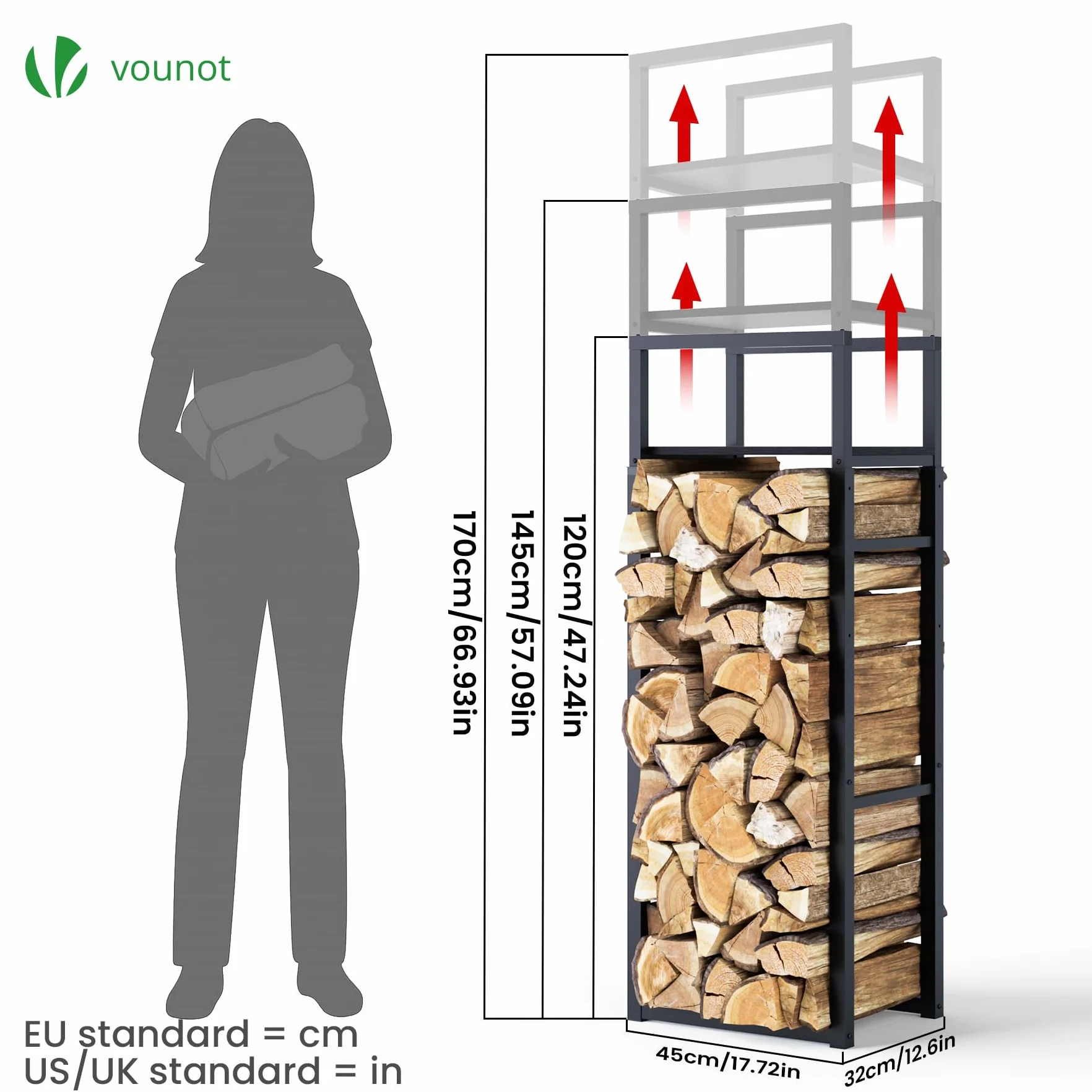 VOUNOT® Soporte de Madera Vertical de Metal Ajustable de 3 Niveles, 45 x 32 x 120-170 cm, Leñero con Estantería Integrada, Estante de Registro de Chimenea para Interior y Exterior, Negro