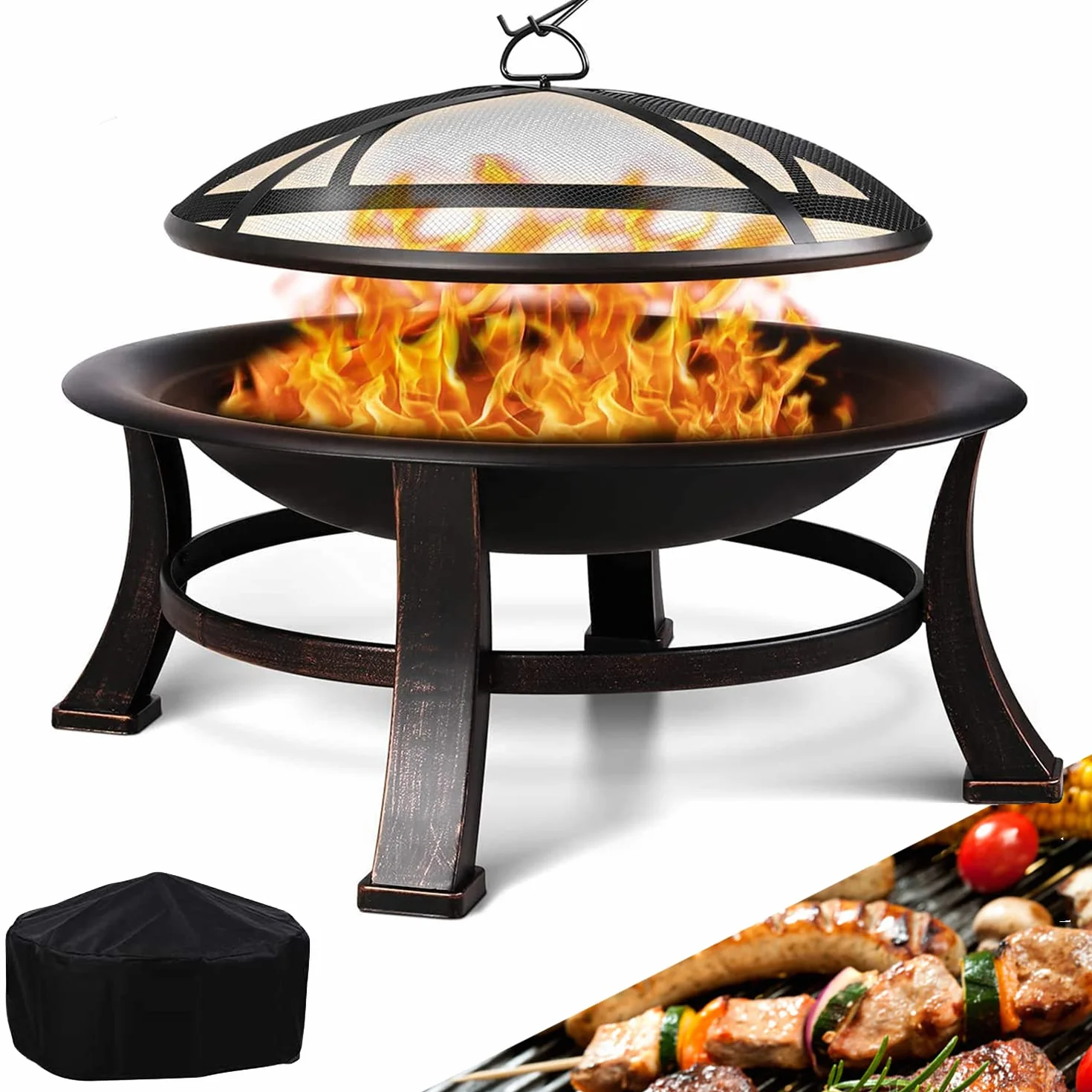 TLGREEN Brasero Exterieur Jardin, Ø 76 cm Pozo de Fuego con Protector de Chispas y Atizador, Brasero Barbacoa con Rejilla para Jardín y Terraza, Parrilla Brasero al Aire Libre de Aspecto Retro