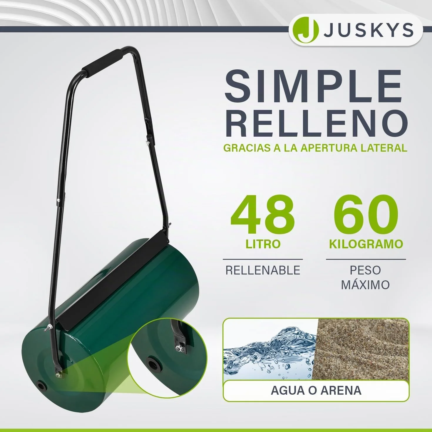 Juskys Rodillo de césped jardín Fritz con Deflector de Suciedad - Rodillo Manual rellenable de Agua/Arena - 48 l / 60 kg - Rodillo de jardín de 60 cm - Rodillo para césped y Campo