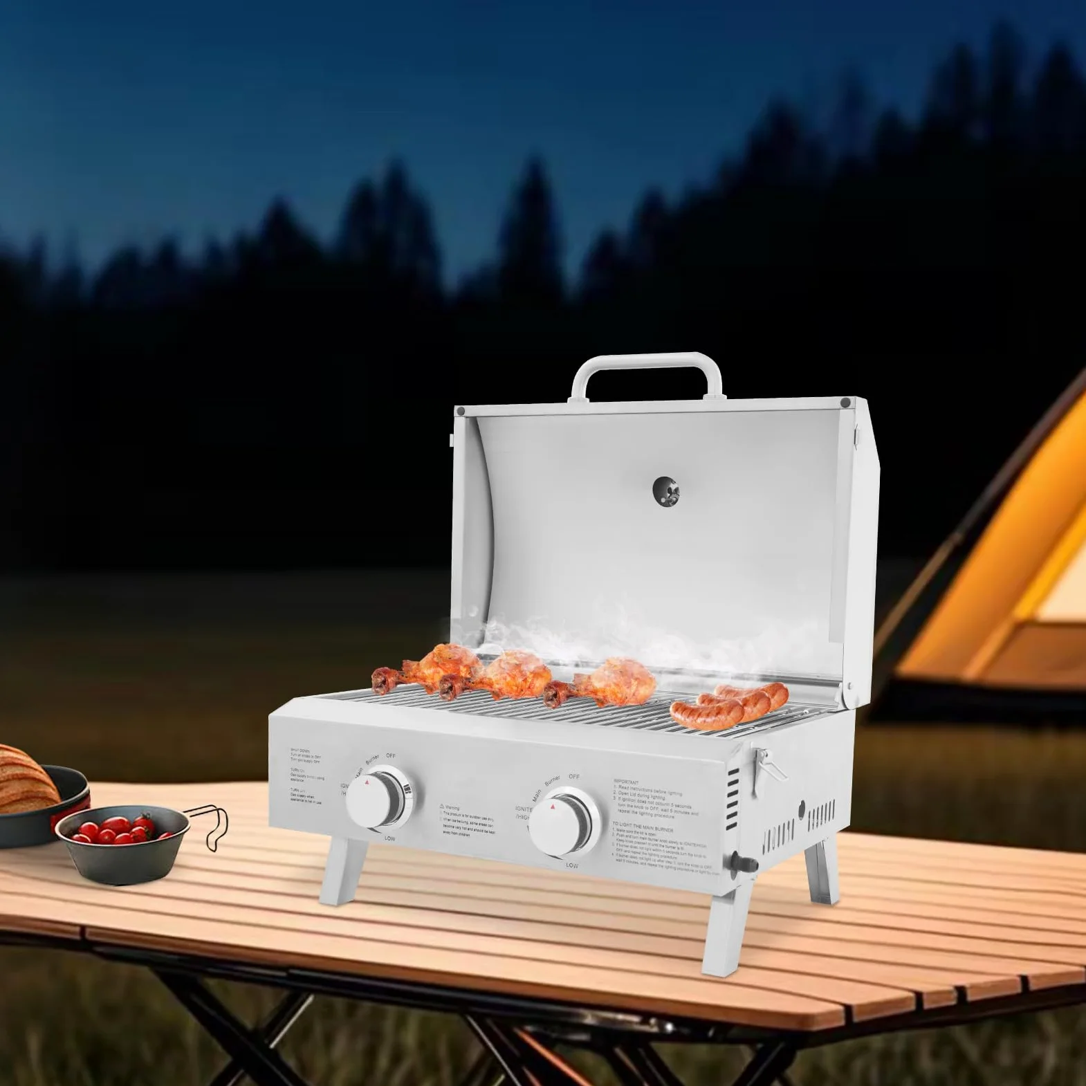 Barbacoa de gas portátil de 2 quemadores, parrilla de gas de mesa con parrilla, parrilla BBQ Barbacoa, parrilla de gas de acero inoxidable, parrilla de camping al aire libre, cocina de gas con