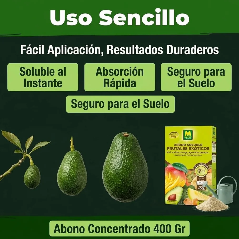 Abono Frutales Exóticos Soluble Ecológico 400 g | Fertilizante NPK 8-7-6 + Magnesio para Aguacate, Kiwi, Mango, Papaya, Kaki y Physalis | Máxima Floración y Frutos de Calidad ECO | Nexum Market