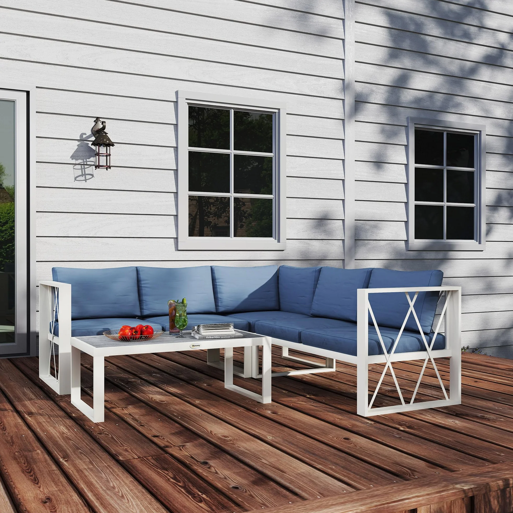 Outsunny Conjunto de Muebles Jardín Exterior de 4 Piezas Sofá Exterior Seccional Forma de L con 2 Sofás de 2 Plazas Sofá de Esquina con Asiento Ajustable y Mesa Centro de DPC con Cojines Beige y Gris