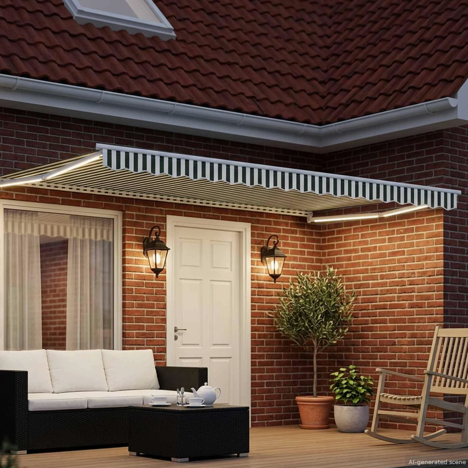 Toldo eléctrico extensible verde blanco 5 x 3 m con LED sensor meteorológico marco de aluminio, protección solar, toldo para terraza, resistente al viento y al agua, resistente a los rayos UV