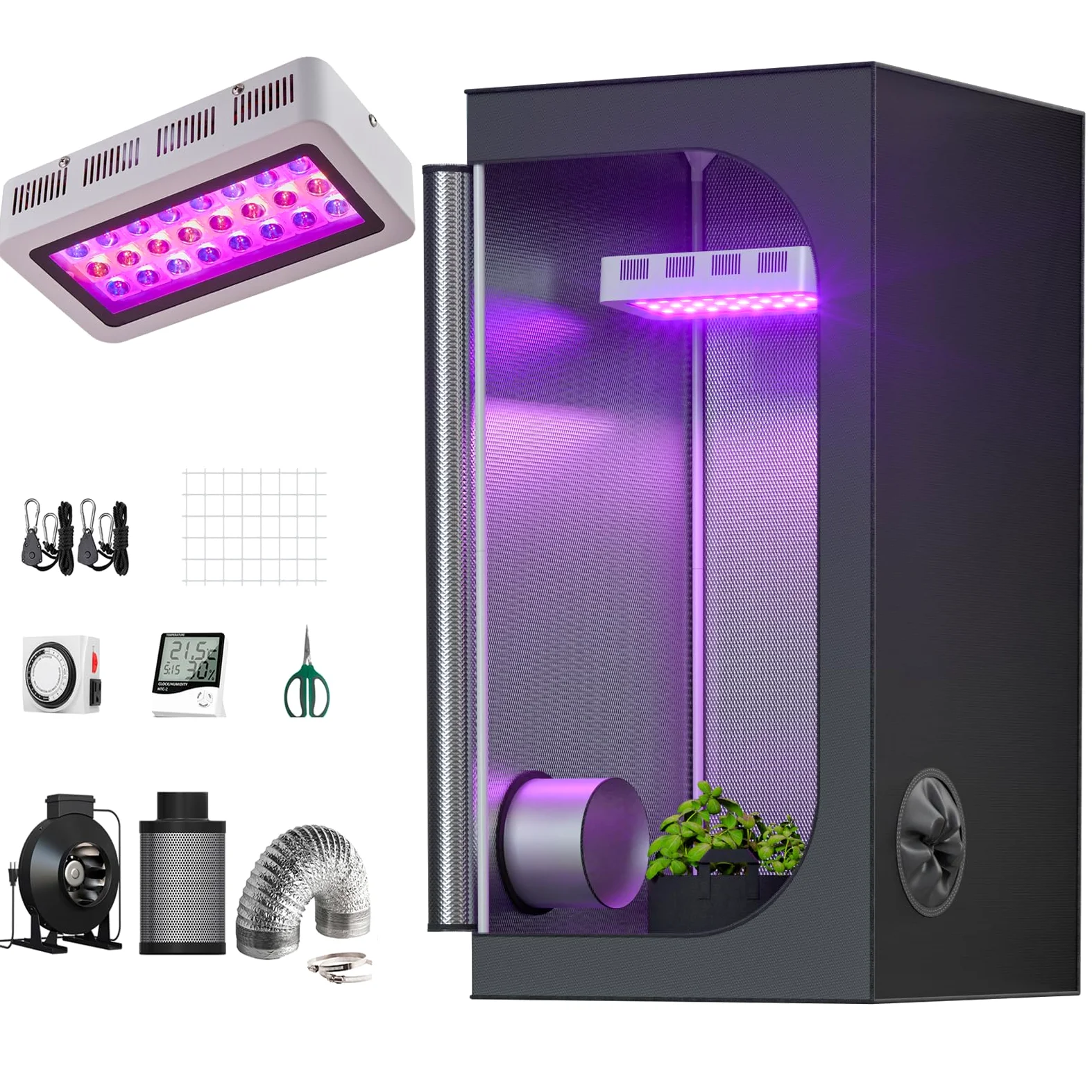 Juego Completo de Tienda de campaña de Invernadero, 300 W, luz LED de Crecimiento de Espectro Completo, hidroponía, 81,3 x 81,3 x 160,2 cm, Kit de ventilación con colgadores, higrómetro, Red