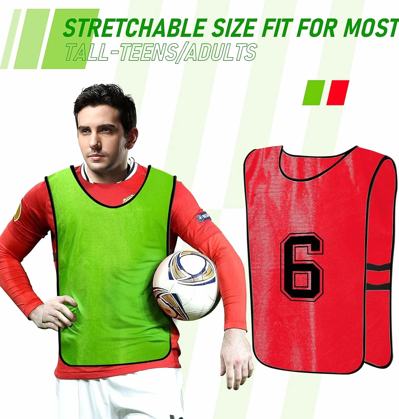 Chalecos de Entrenamiento Reversibles Numerados para Fútbol Baloncesto Verde Rojo Adulto