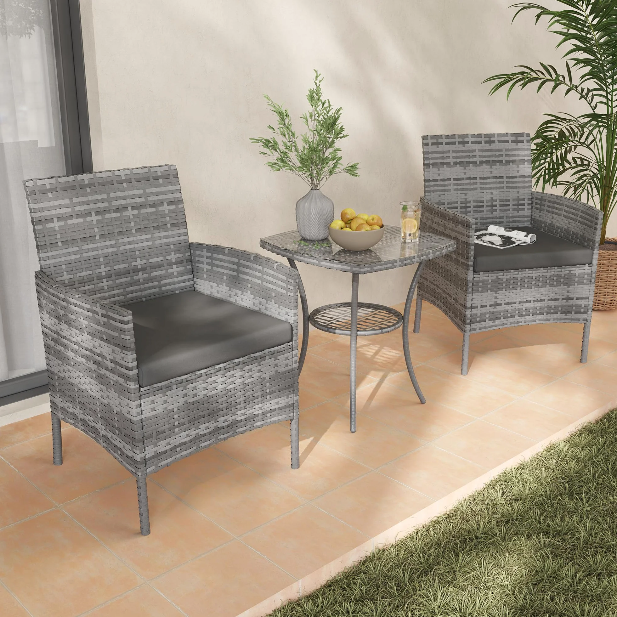Amopatio Conjunto Muebles Jardín Ratán 3 Piezas, 2 Sillones con Cojines y Mesa de Centro, Sofá Exterior Terraza con Vidrio Templado, para Terraza, Patio y Balcón Colores: Gris