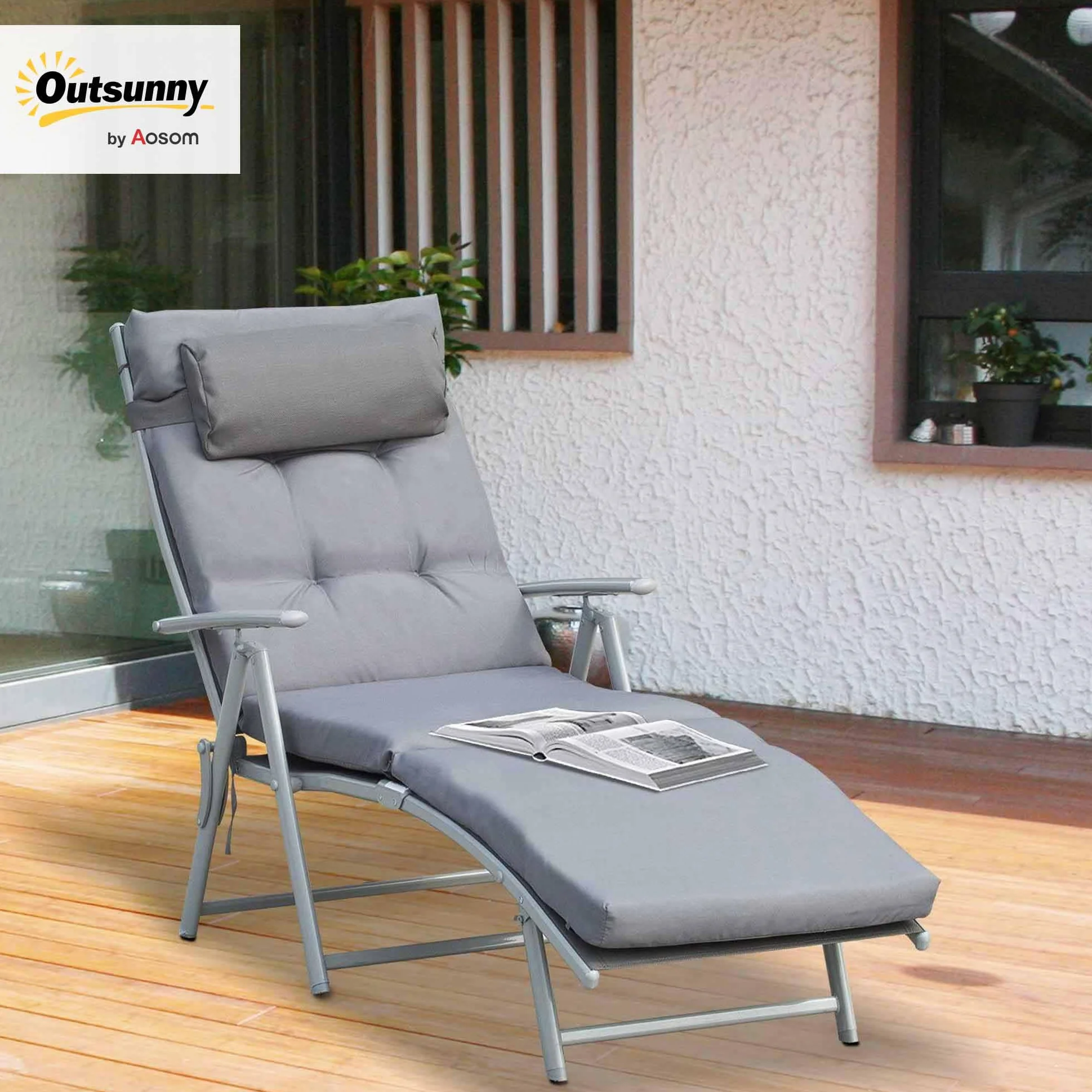 Outsunny Tumbona Plegable Tumbona de Jardín con Respaldo Ajustable en 7 Posiciones con Cojín Cuerpo Entero y Cabeza para Terraza Piscina Carga 165 kg 137x63,5x100,5 cm Gris