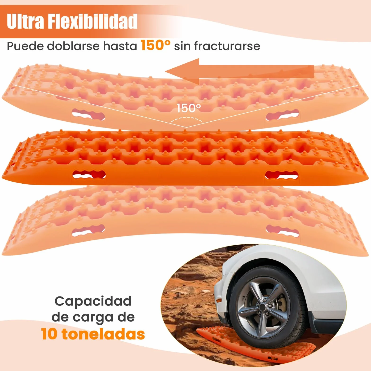 GYMAX 2 Planchas Desatasco Set, Accesorios Todoterreno para Arena Barro Nieve, Placas de Recuperación 107x31x7 cm Naranja