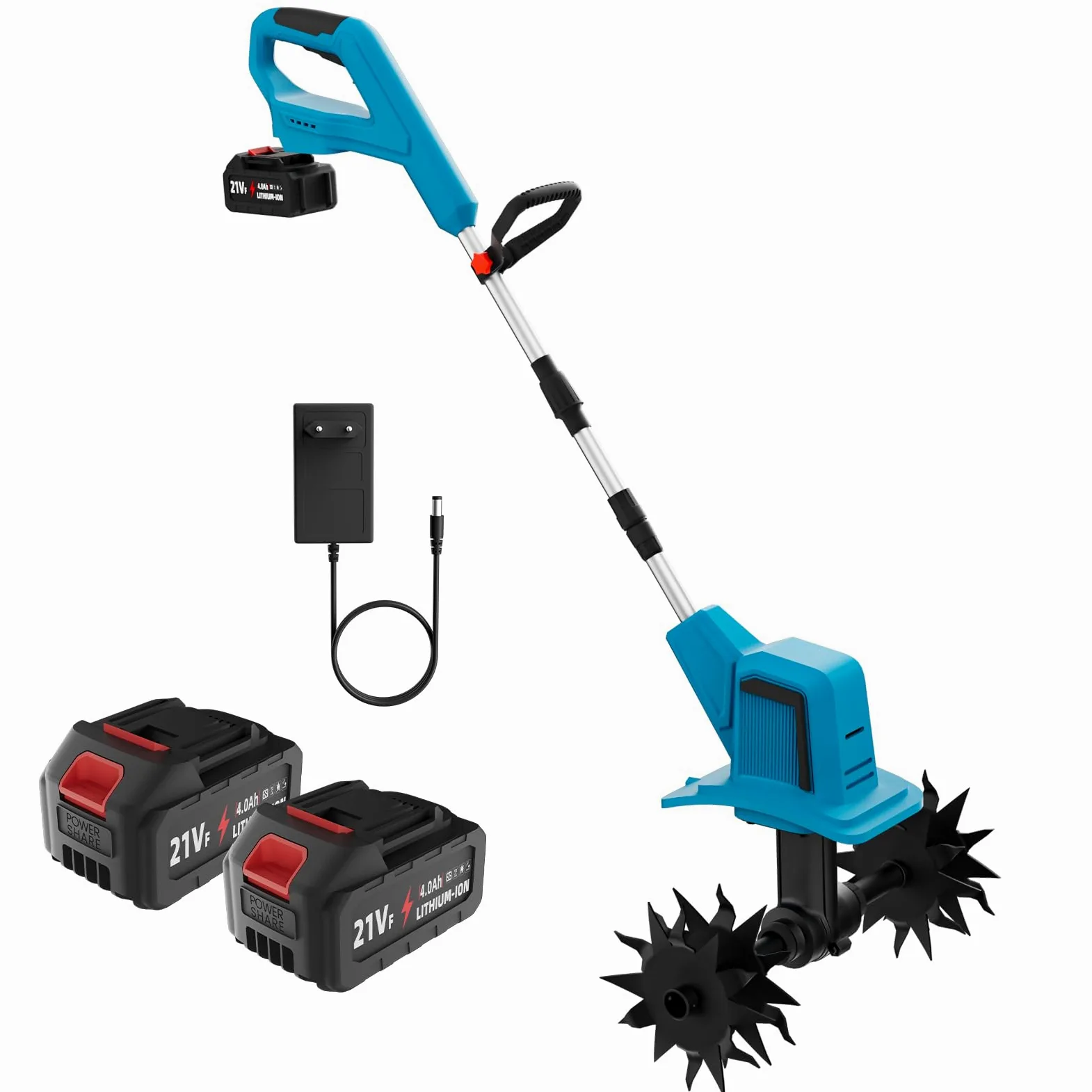 Motoazada Eléctrica Inalámbrica 500W Brushless, Motocultor a Batería con 2X 4.0Ah, Cultivador de Jardín con 4 Fresas de Acero (Ancho 20cm/Prof 15cm), Mango Ajustable, para Huerto y Aflojar Tierra