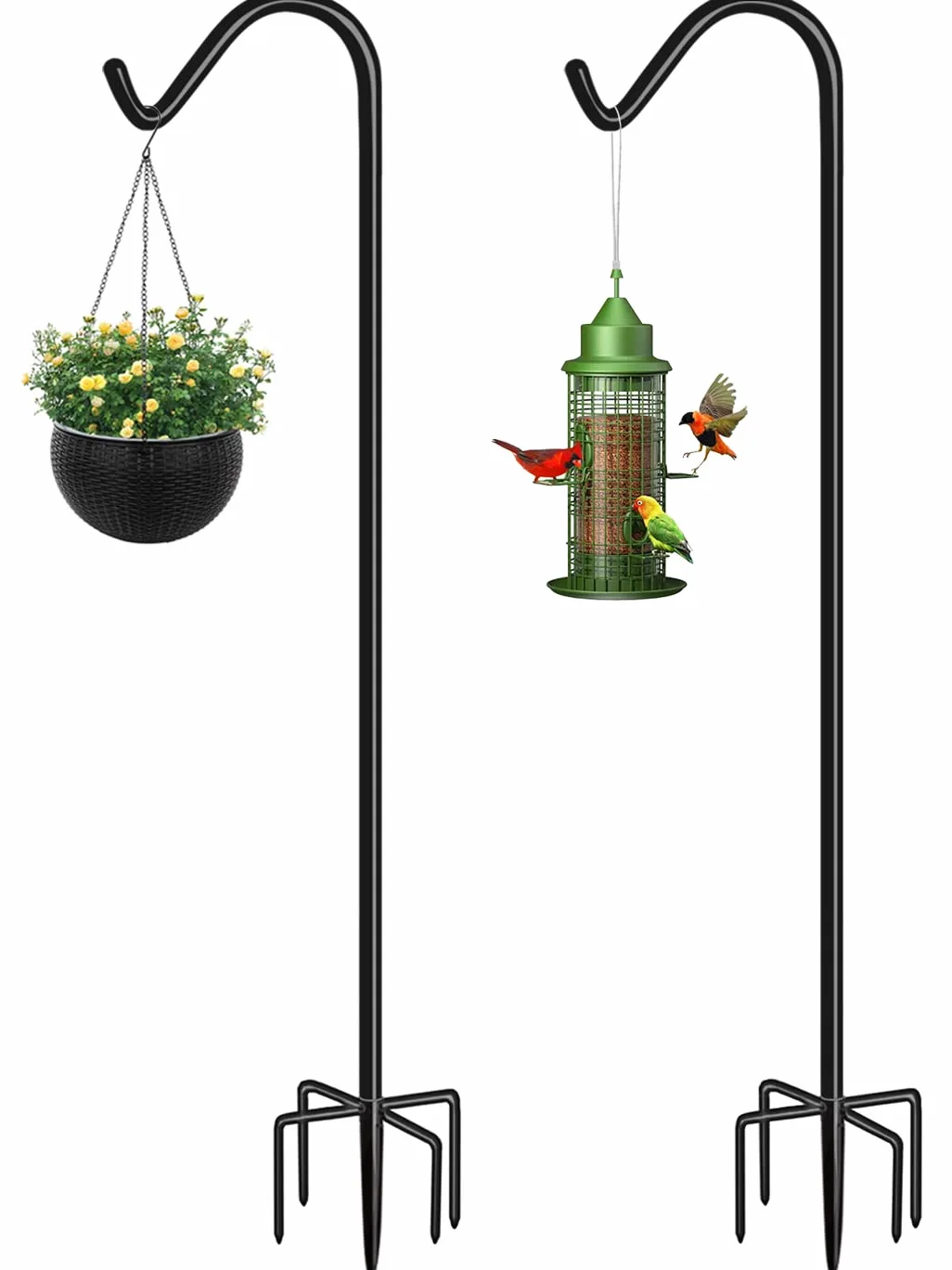Pastores gancho para comederos de aves al aire libre de 92 pulgadas de alto, ajustable para jardín resistente con base de 5 puntas, negro brillante (2 paquetes)