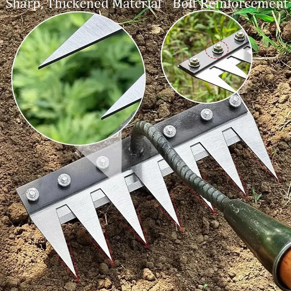 Rastrillo De Deshierbe, Rastrillo Jardin con Mango, Rastrillo Malas Hierbas, Rastrillo De Acero Al Carbono De 5/6/7/8 Dientes, Elimina Malezas, Grava y Hojas en 1 Pasada (5 Dientes)