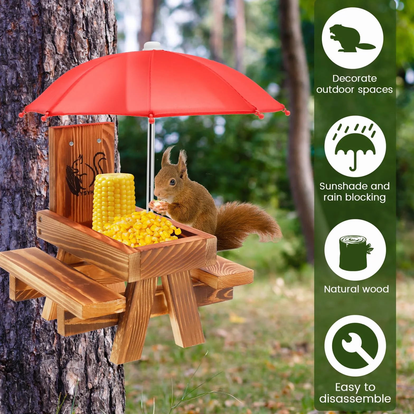 Alimentador de ardilla de madera con paraguas,Alimentador de ardilla para exteriores Mesa de picnic Divertida con estructura sólida Alimentador de ardilla con soporte para mazorcas de maíz