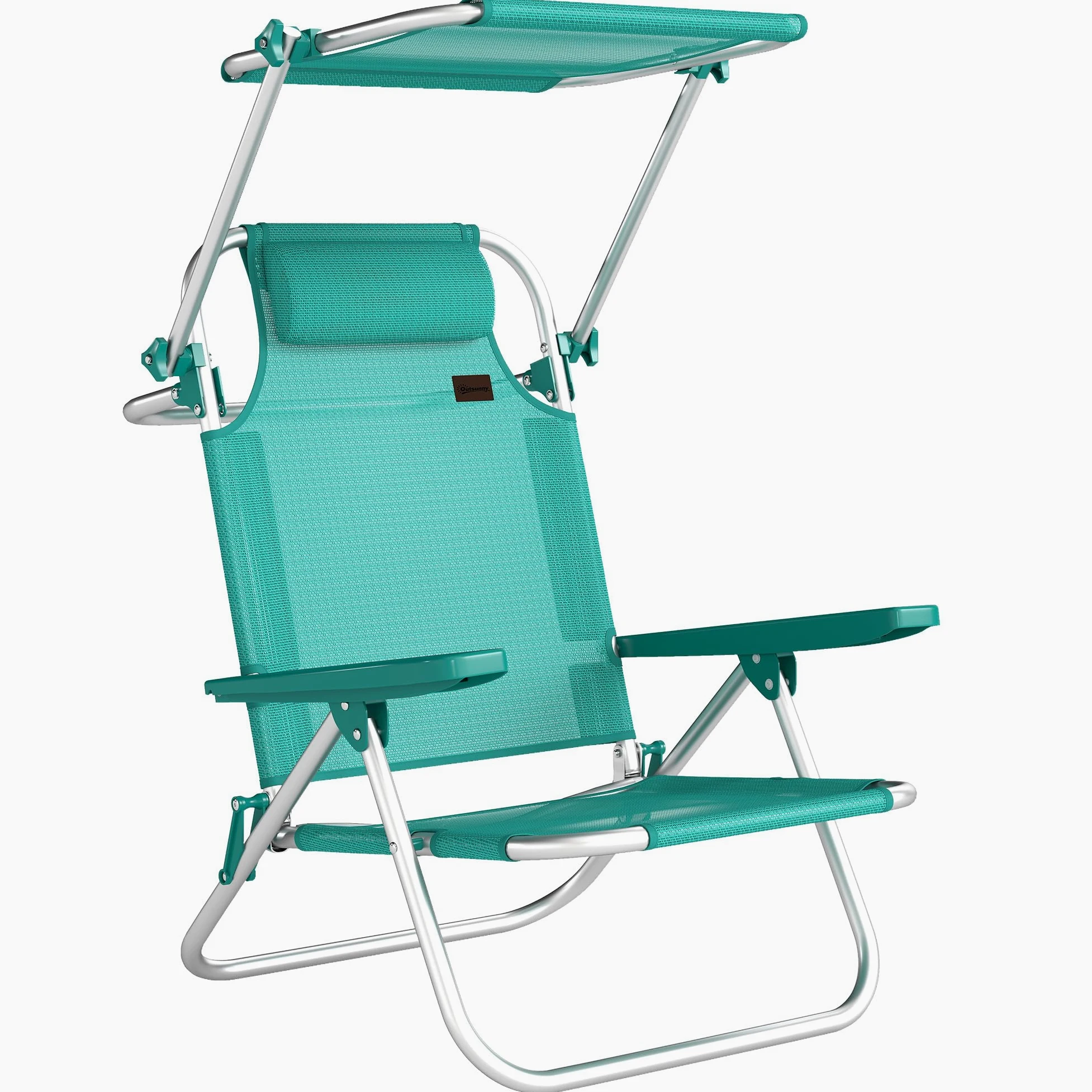Outsunny - Silla de Playa Plegable con Toldo Ajustable, Respaldo Reclinable de 6 Posiciones, Reposacabezas, Aluminio y Malla Transpirable, para Exterior, Jardín, Pícnic, Festival, Viajes, Turquesa