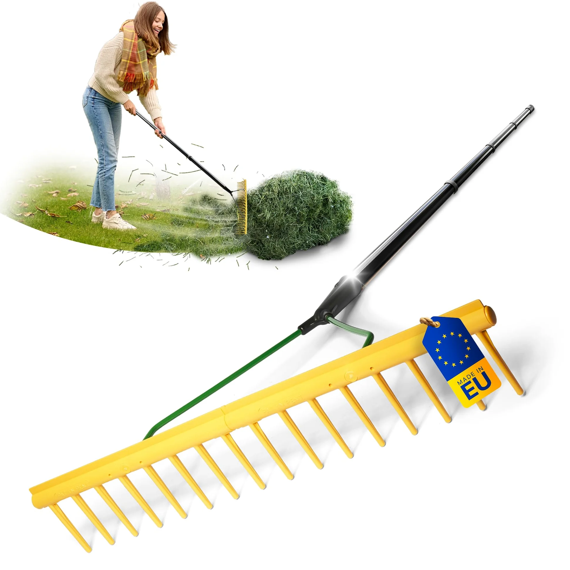 Novatool Rastrillo de jardín con borde de extracción, 16 dientes y 4 piezas con mango de tornillo y ranura, ancho de trabajo 64,5 cm, rastrillo de plástico y metal, recogehojas para el jardín