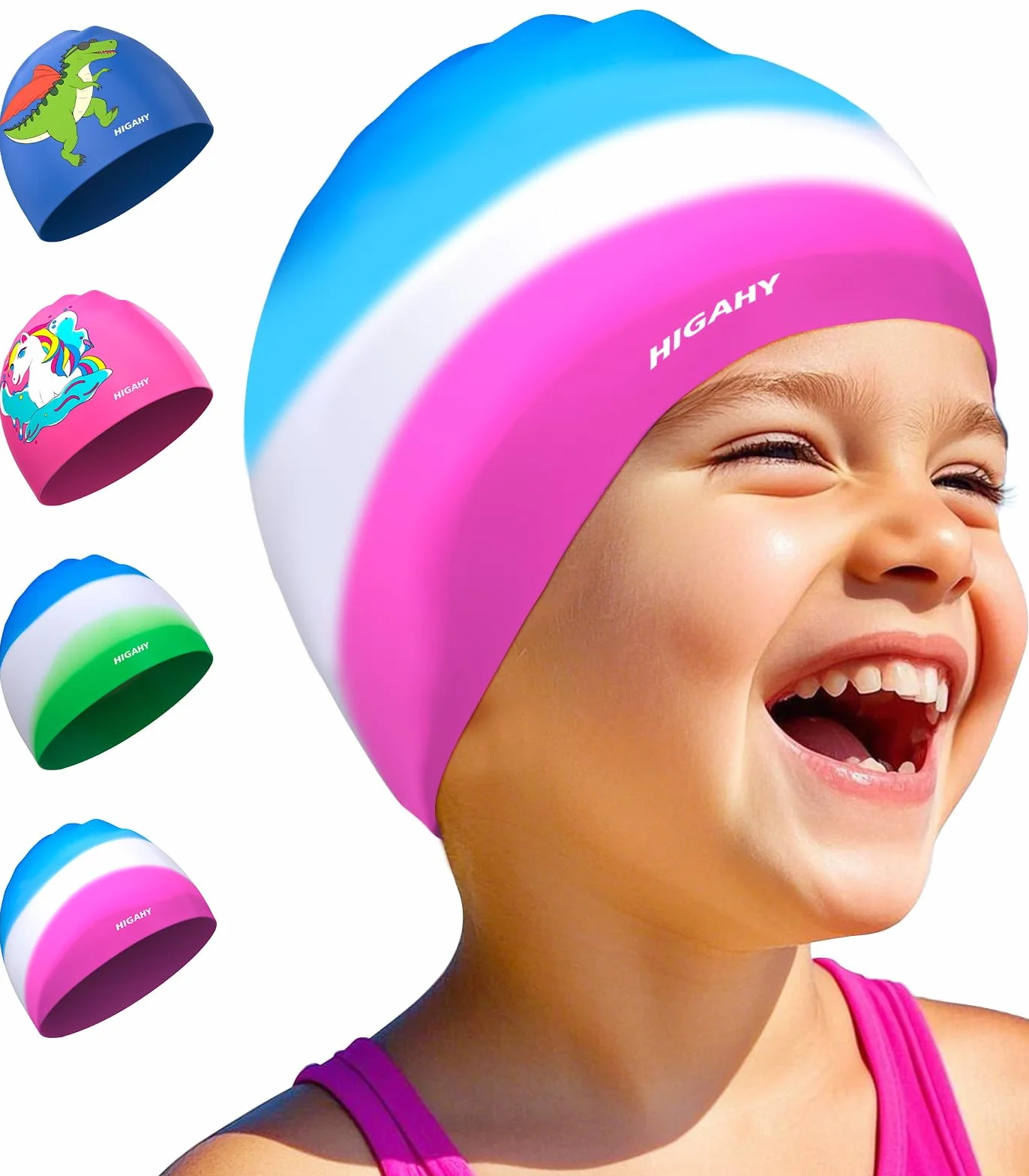 Gorro Piscina Niños de Silicona Impermeable con Protección UV para Nadar 3-15 Años