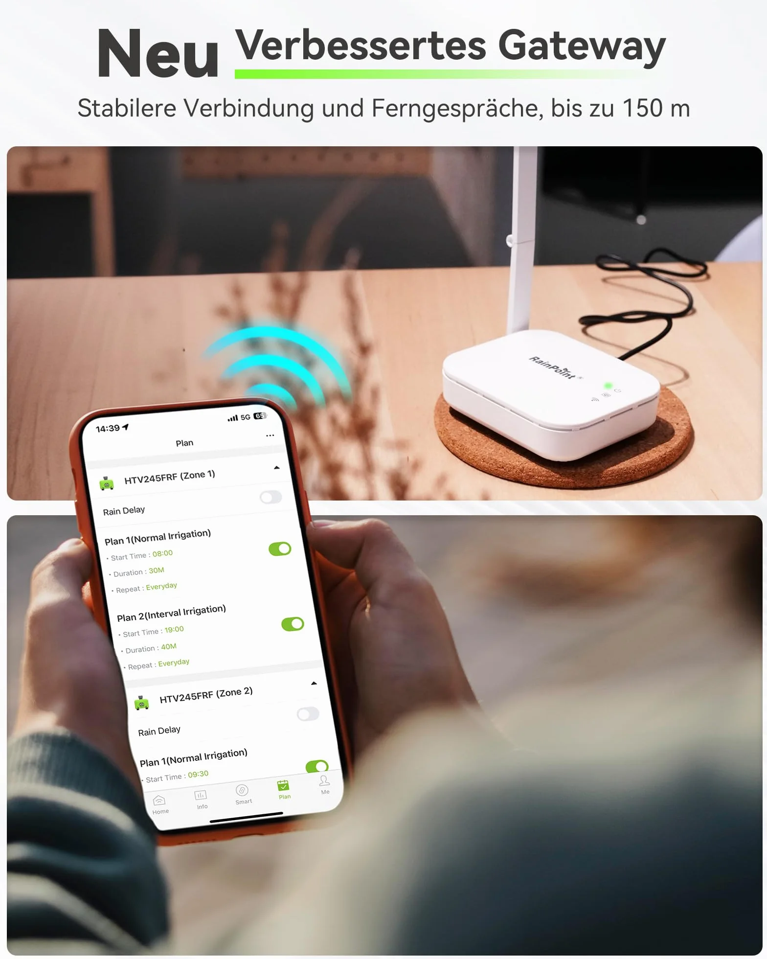 RAINPOINT Programador Riego WiFi 2 Salidas, Puerta Enlace Ethernet y Entrada de Latón, Riego Automatico para Jardín Via App/Voz Control, Riego Basado Clima, Retraso por Lluvia/Manual, 2x6 Horarios