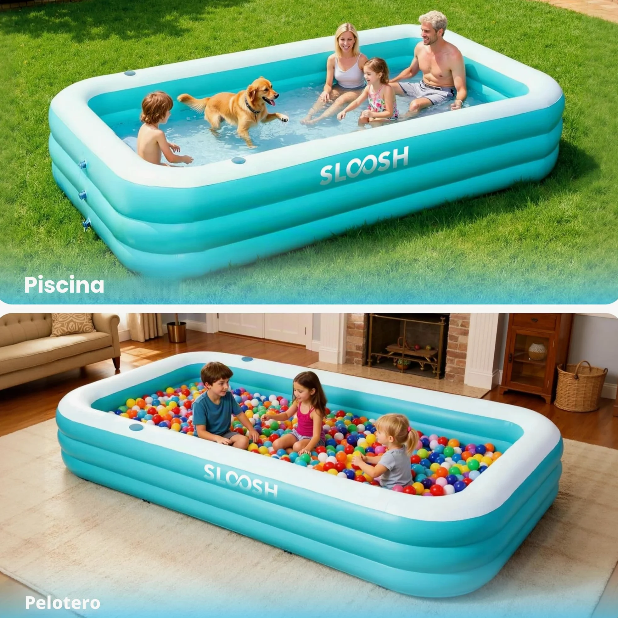 SLOOSH Piscina hinchable para adultos con asientos, 304,8 x 182,9 x 55,9 cm, tamaño natural, inflable, duradera, gruesa, gran piscina para jardín, césped, fiesta acuática de verano, cian