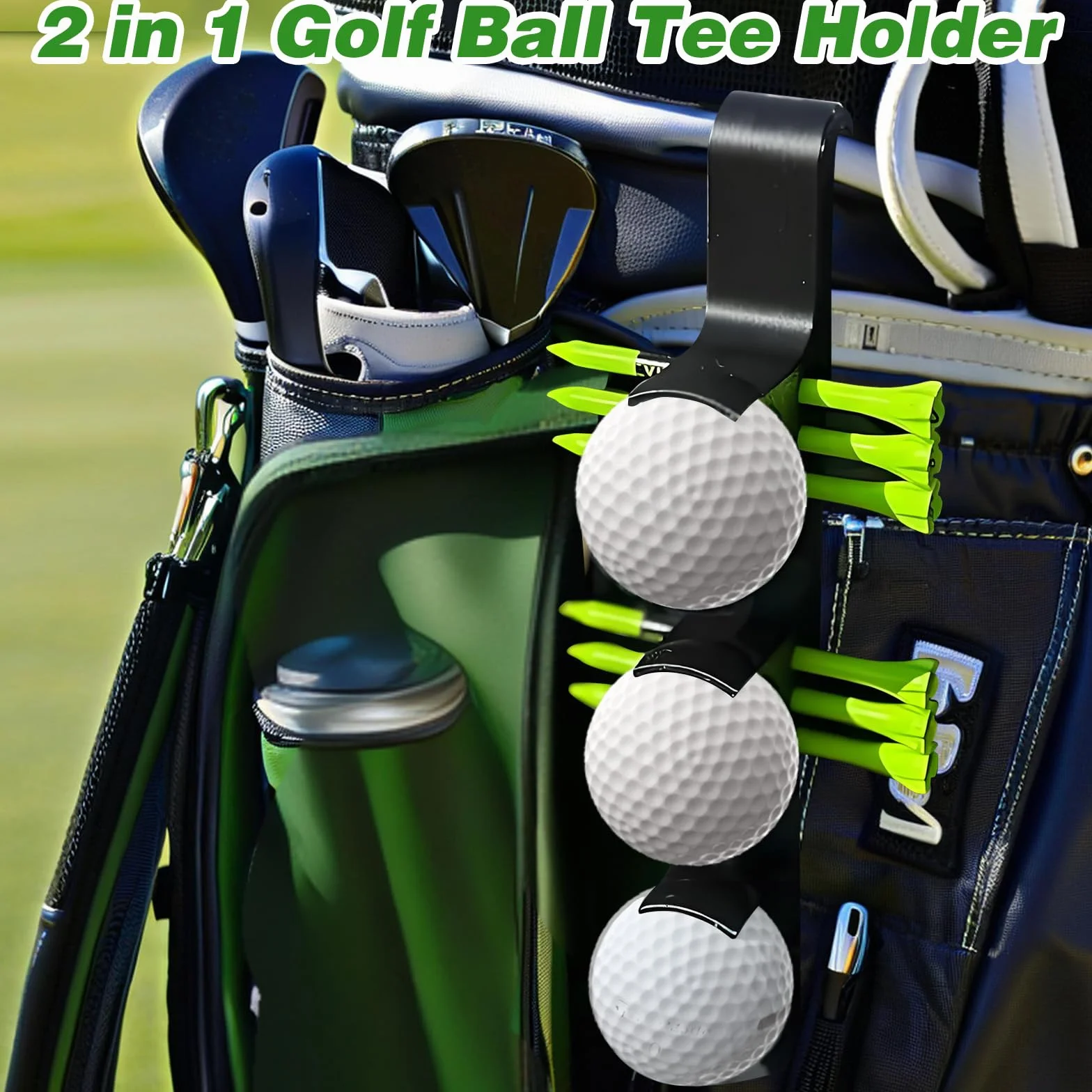 Soporte 2 en 1 para Pelotas de Golf, liberación rápida, Gancho, Negro, Capacidad 3 Pelotas/6 Tees