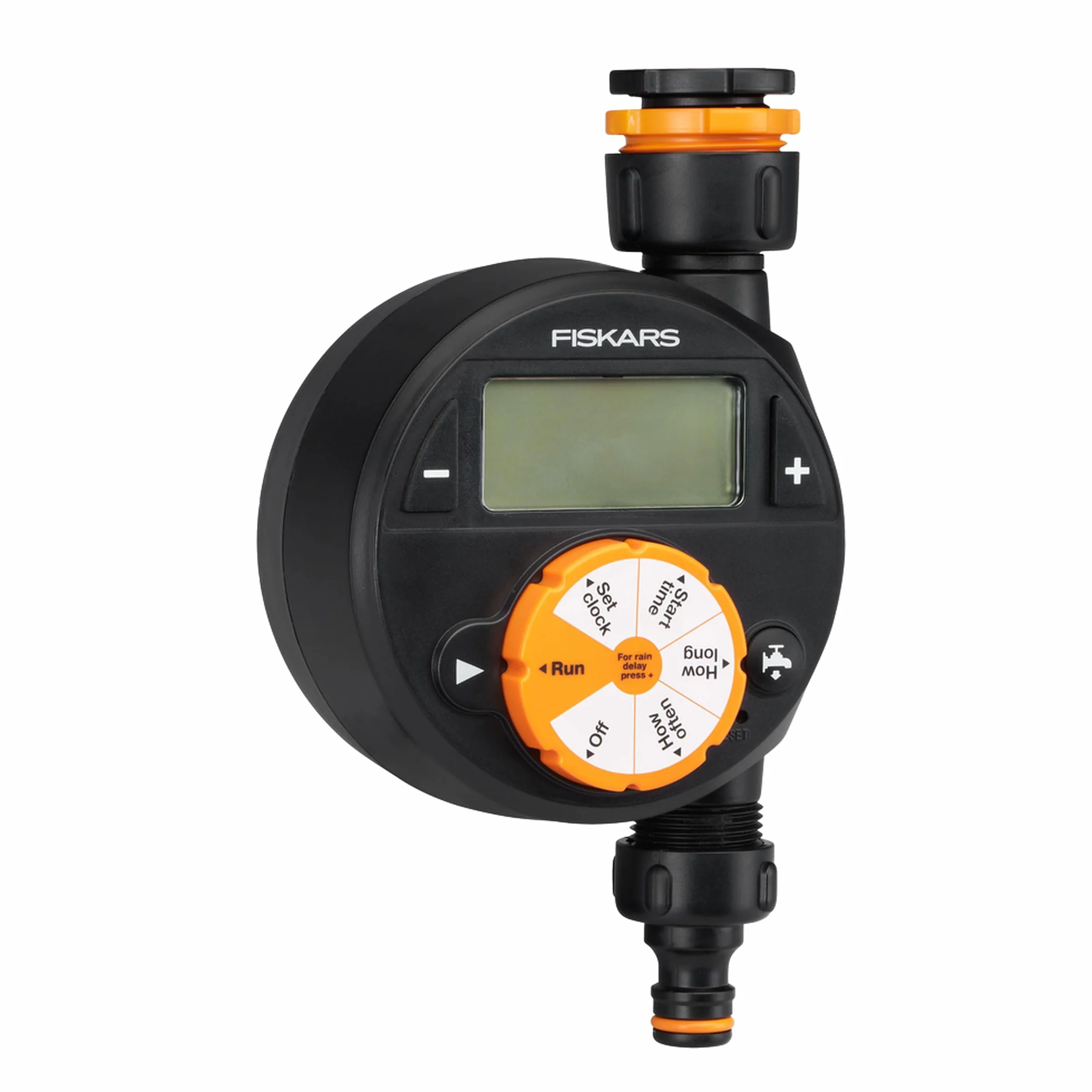 Fiskars Programador/Timer con 1 salida, Para todos los tamaños de grifo habituales, Pantalla LCD de fácil lectura, Tamaño universal, 380 g, Negro/Naranja, 1054791