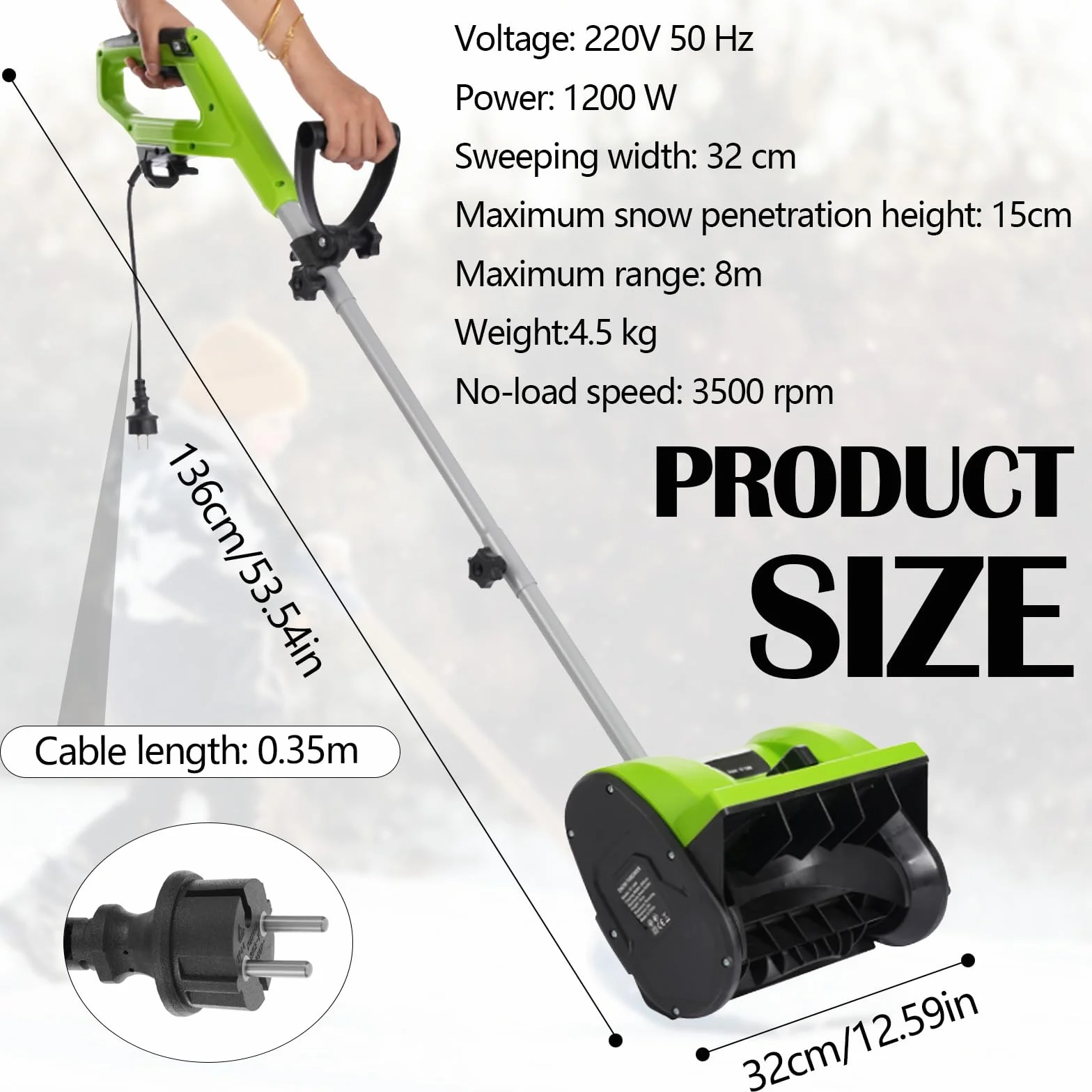 Sopladores Nieve, 1200W Barredora Nieve Soplador Eléctrico Barredora 220V Exteriores Dirección Lanzamiento Nieve Ajustable Mango 180 ° 3500 Rpm Distancia Máxima Lanzamiento 8M 32cm Ancho Barrido Nieve