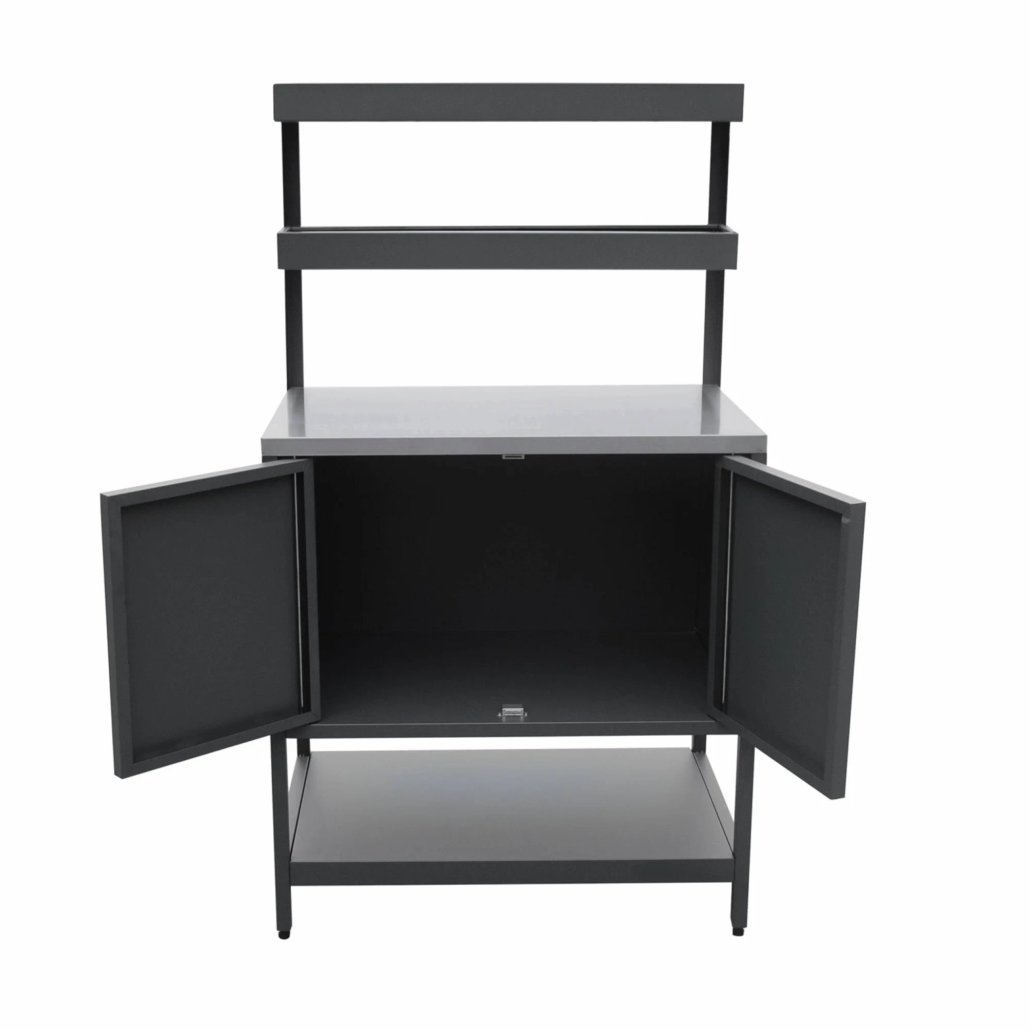 sweeek - Cocina exterior de acero con 2 estanterías colgantes y 2 puertas L80cm., Naxos, Negro, 80x51x142 cm