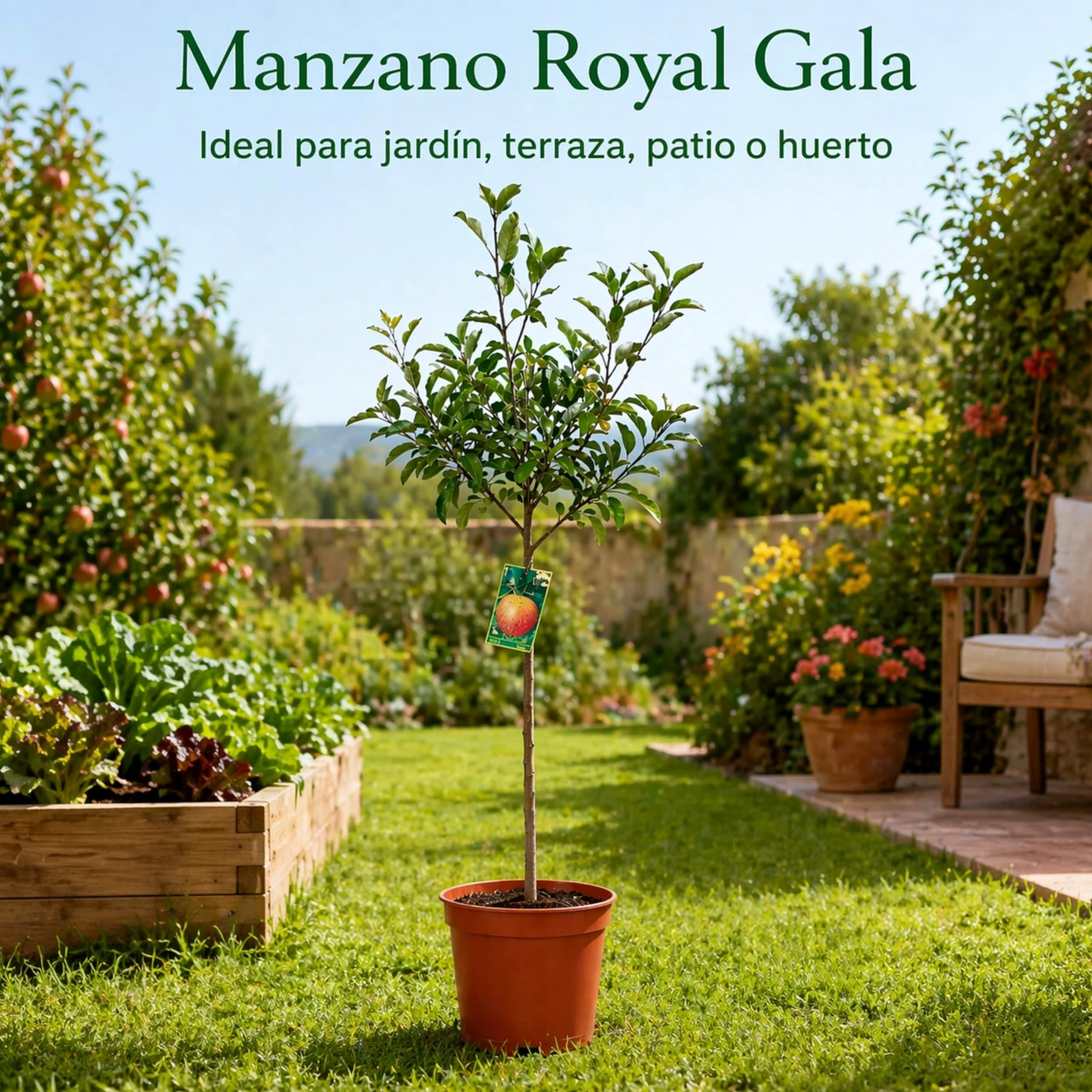 Manzano Royal Gala Planta Natural en Maceta 140 cm de altura, Árbol Frutal Exterior con Manzanas Dulces Árbol Natural para Jardín Terraza Huerto Fácil Cultivo. Manzano