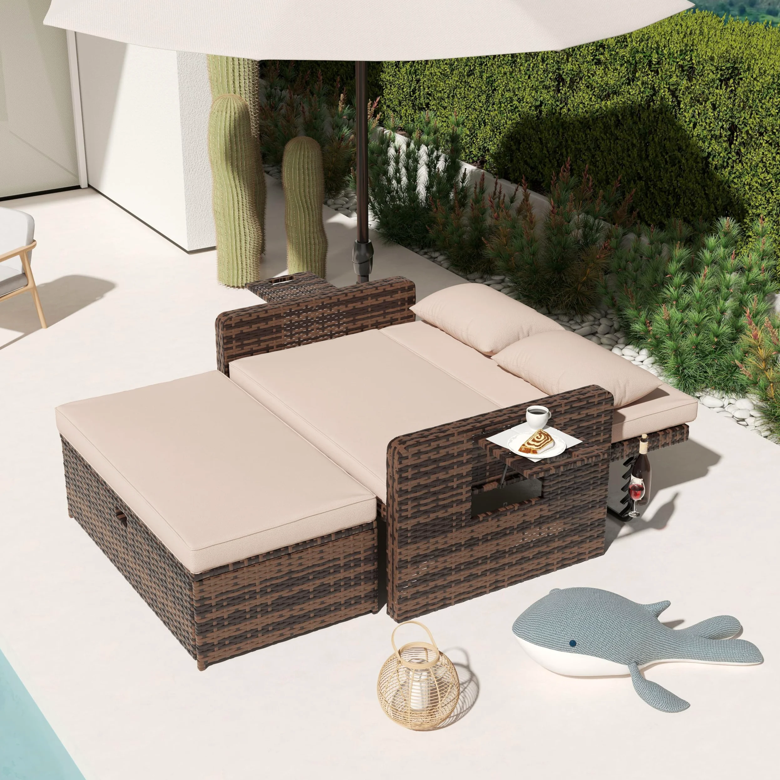 UDPATIO Sofá de Ratán 2 Plazas con Reposapiés con Almacenamiento, Muebles de Salón de Ratán para Exteriores con Respaldo Regulable y Cojines Gruesos, para Terraza y Jardín - Beige