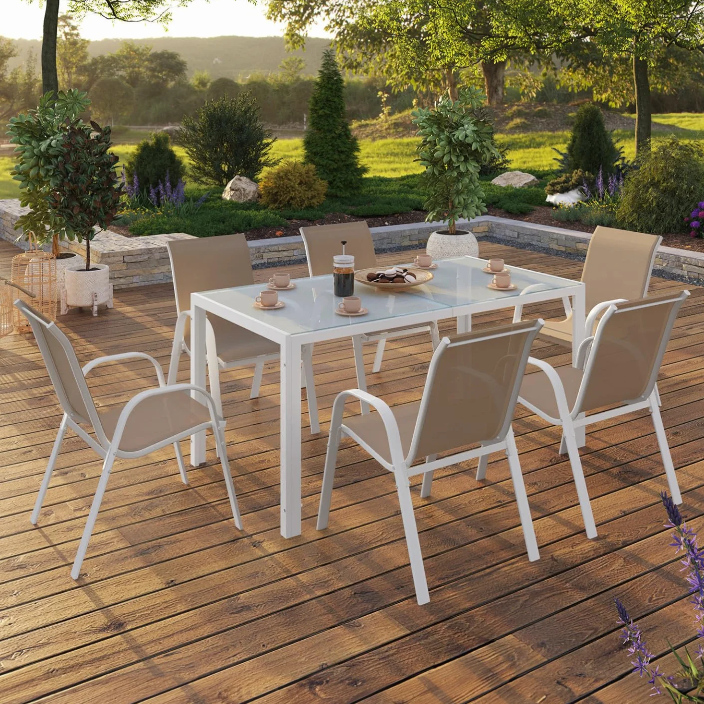 IDMarket – Salón de jardín Madrid Mesa 150 CM y 6 sillas apilables blanco y beige
