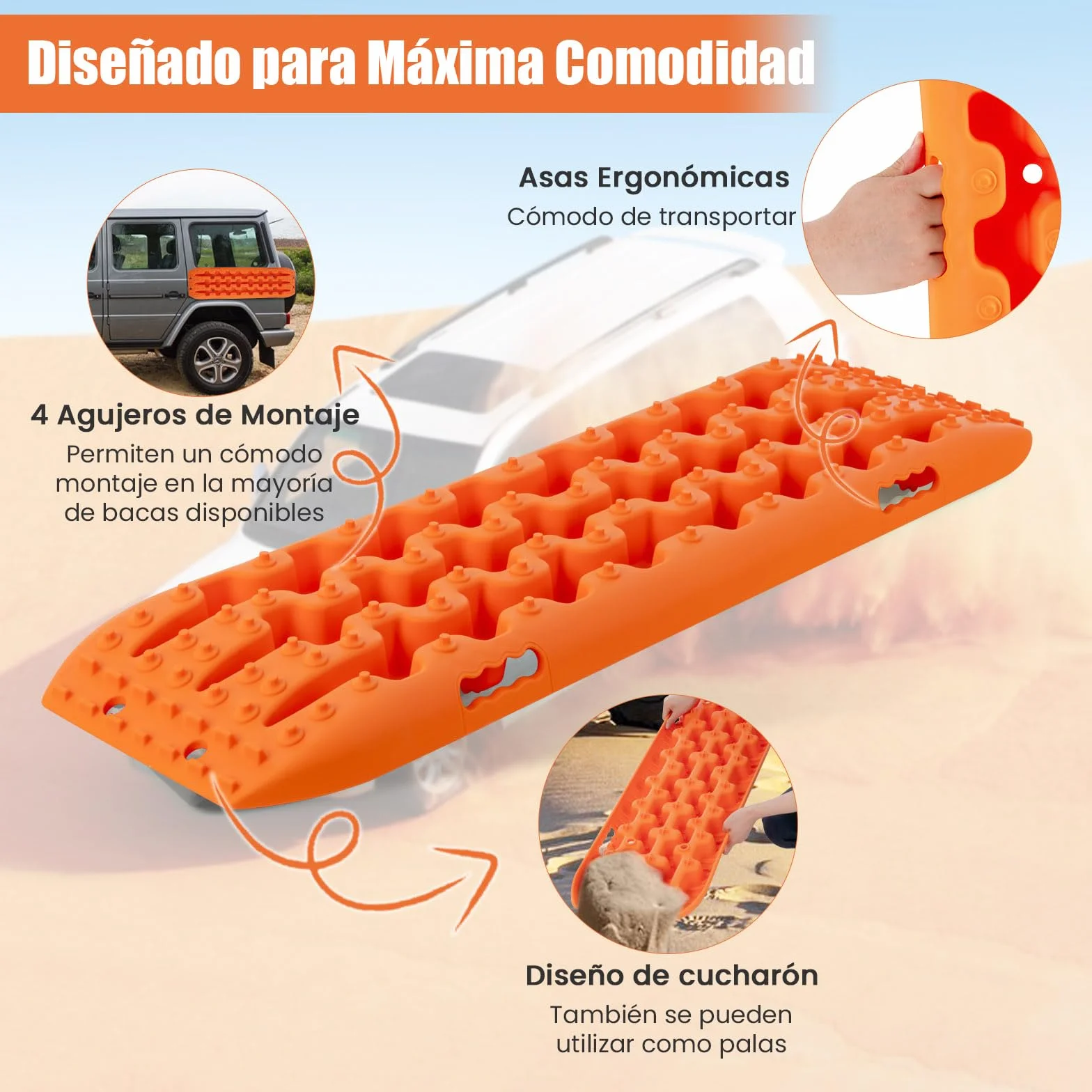 GYMAX 2 Planchas Desatasco Set, Accesorios Todoterreno para Arena Barro Nieve, Placas de Recuperación 107x31x7 cm Naranja