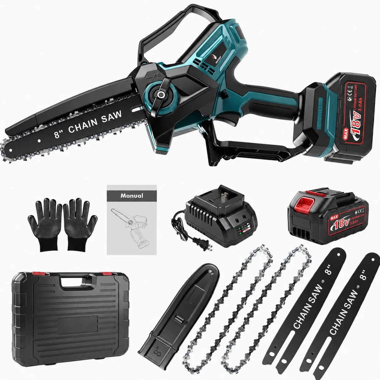 Motosierra Batería 8 Pulgadas, Mini Motosierra Inalámbrica 2x3000mAh, 18V | Motosierra Eléctrica, con 2 Cadenas, Tensión de Cadena y Lubricación sin Herramientas, Brushless, para Jardinería y Árboles