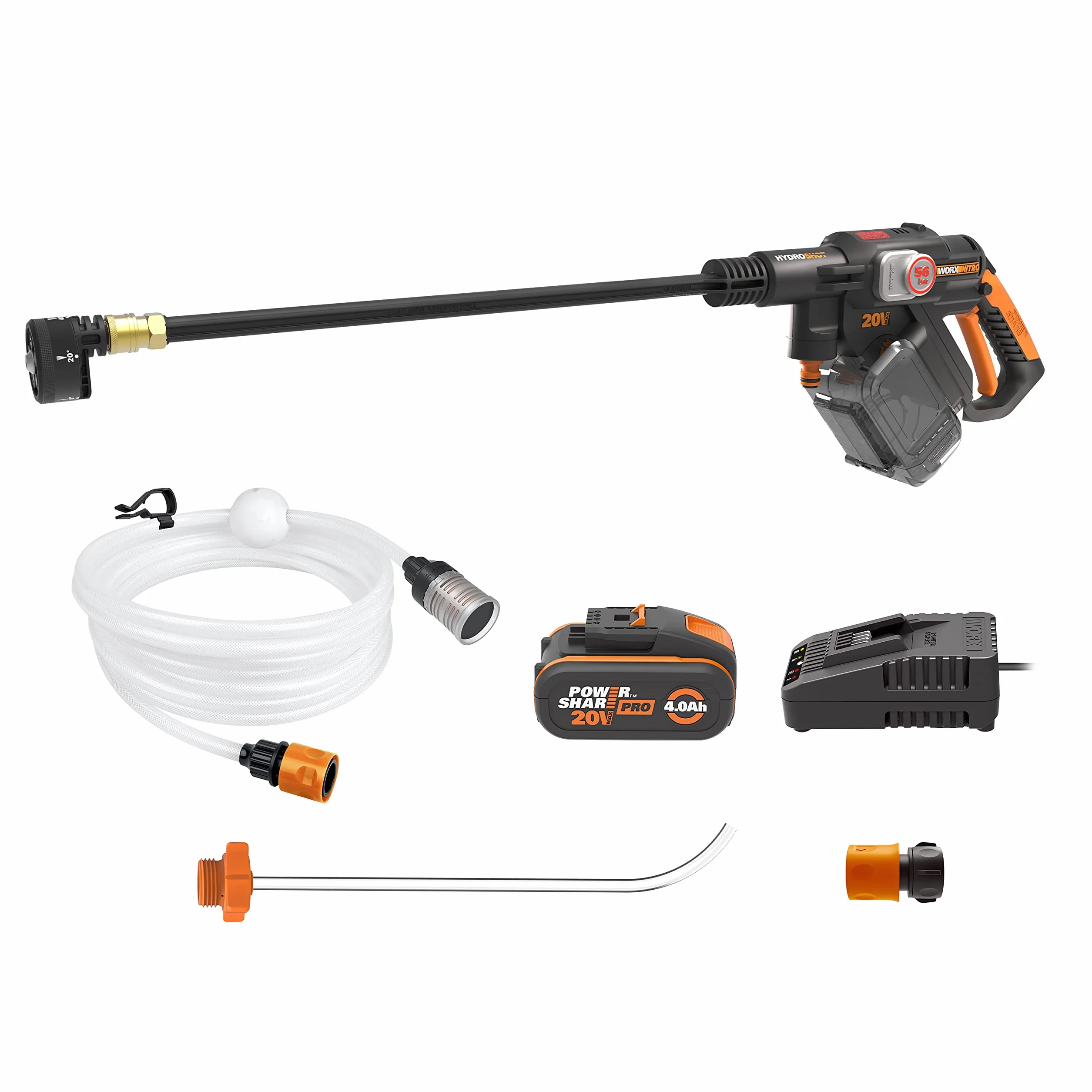 WORX Nitro WG633E Hdrolimpiadora 20V 4Ah, 56Bar, 220L/H, Limpieza de Coches y terrazas, batería y Cargador incluidos, compacta, Ligera y transportable para Limpiar en Cualquier Lugar