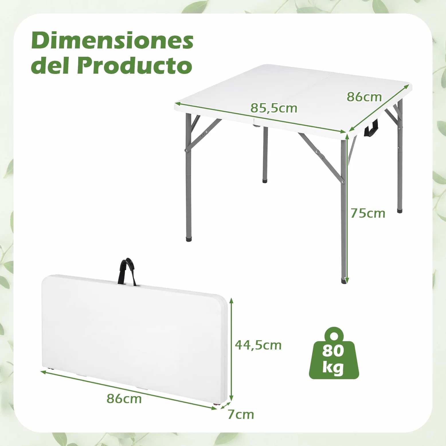COSTWAY Mesa Plegable Picnic, 86 x 85,5 x 75 cm, Cuadrada | Mesa Camping Portátil de HDPE, Asa de Transporte, Fácil de Montaje, Interior Exterior Jardín Terraza Playa Cocina, Blanco