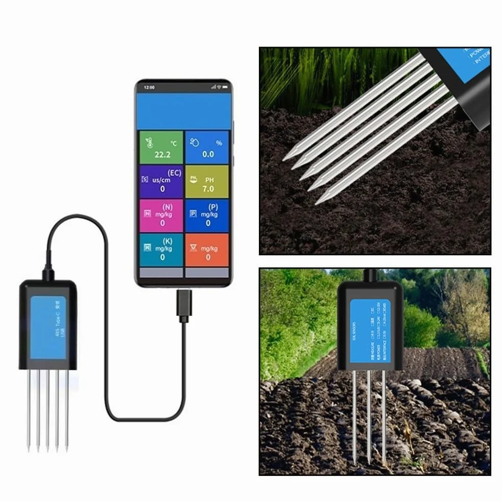 Sensor de suelo USB para temperatura, humedad, pH y NPK, IP68 resistente al agua con sonda de acero inoxidable, medidor rápido para agricultura, horticultura e invernadero, color negro