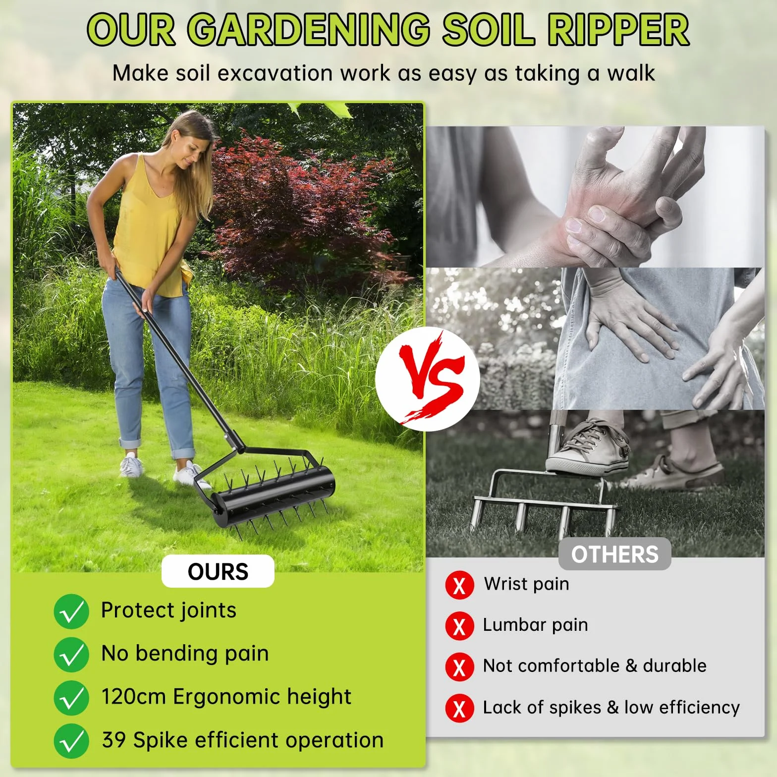 Rodillo Aerificador Manual para Césped 44 x 141 cm – Escarificador Manual con 39 Púas (5,8 cm) y Mango – Rodillo Airificador – Descompactador para Jardín, Patio, Terraza