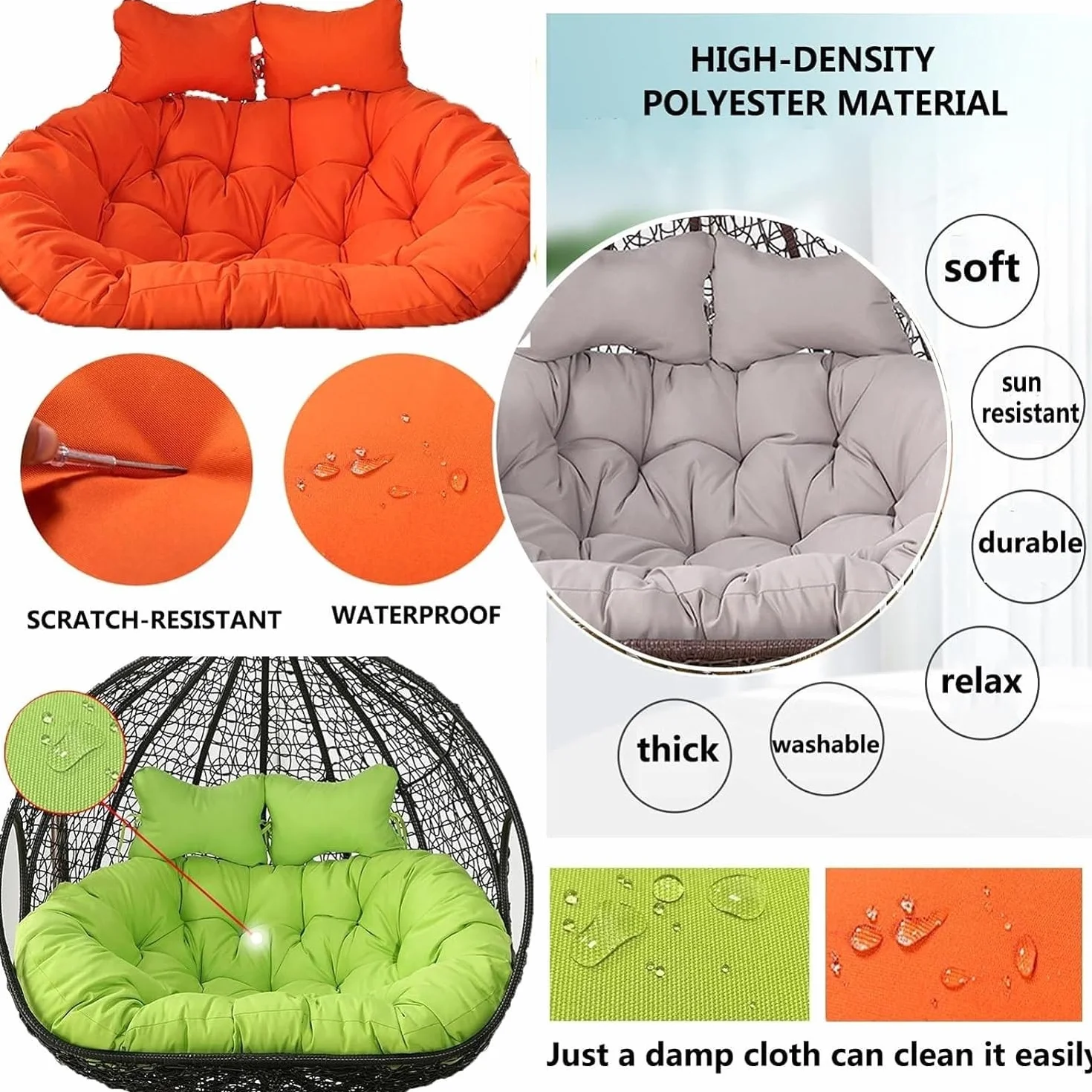 CojíN Silla Tipo Huevo Colgante 2 Personas, CojíN Columpio Plazas Exteriores, Cesta Doble, Reemplazo del Hamaca(A,130X110CM) 2 PCS