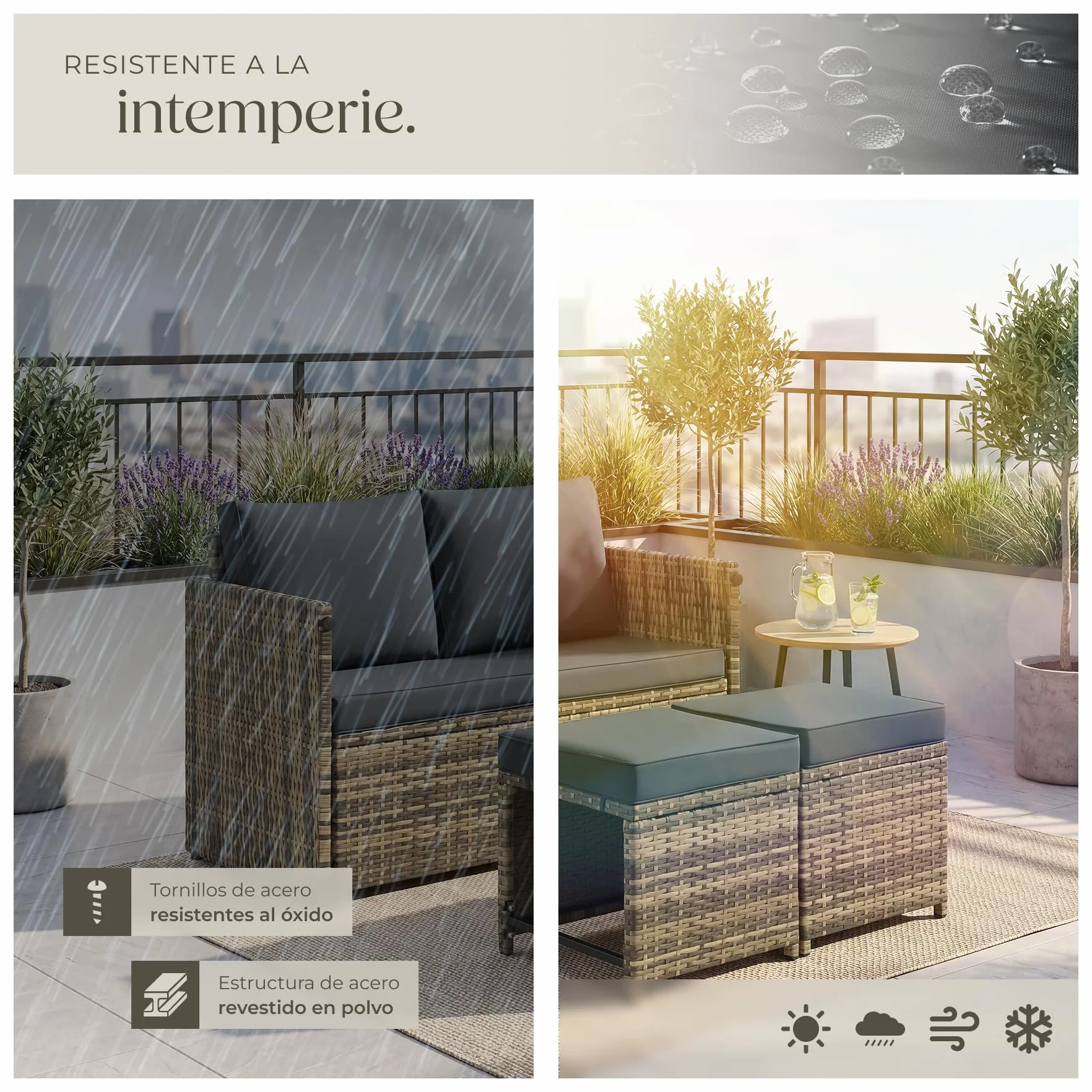 tectake® Conjunto Jardin Exterior 2 en 1, Muebles Jardin Exterior, Mesa y Sillas Terraza, Sofa con Cojines Impermeables y Lavables, 4 Personas, Sofas, Silla, Mesa Terraza, Mueble - Natural