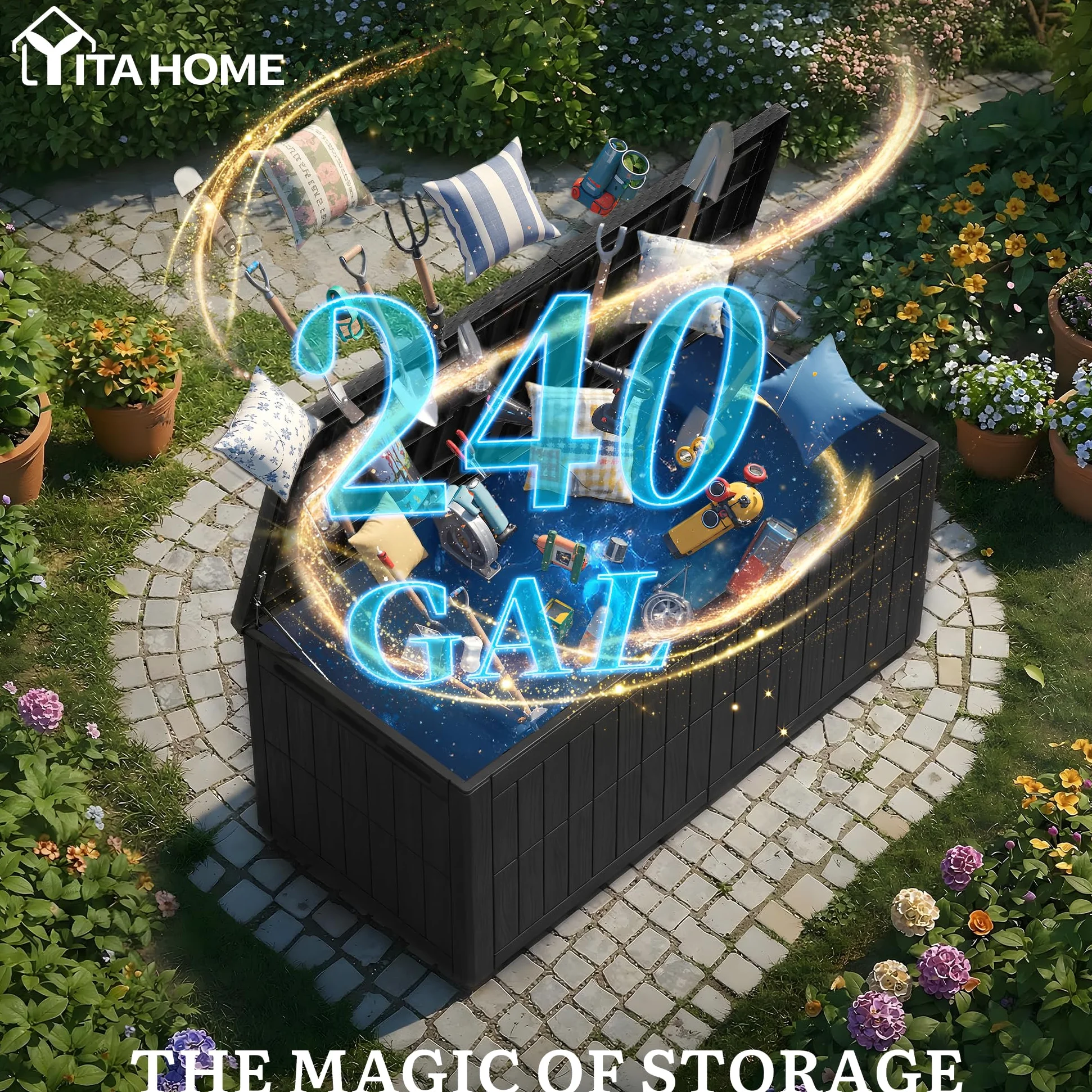 YITAHOME Caja de almacenamiento para exteriores, caja impermeable de 230 galones para herramientas de jardín, cojines de patio y accesorios de piscina, con cerradura, fácil montaje, banco o mesa