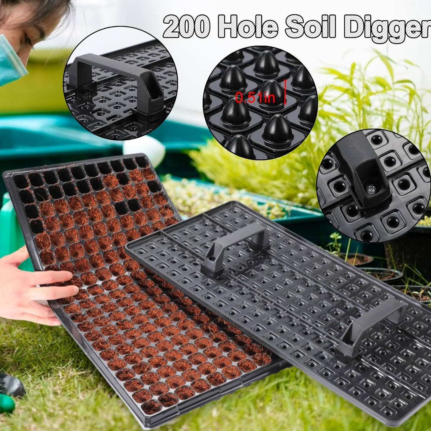 Bandejas de inicio de semillas de 200 celdas con dibber, paquete de 10 bandejas de inicio de vivero con bandeja base, excavadora de tierra de 200 agujeros para colocar rápidamente, bandeja de