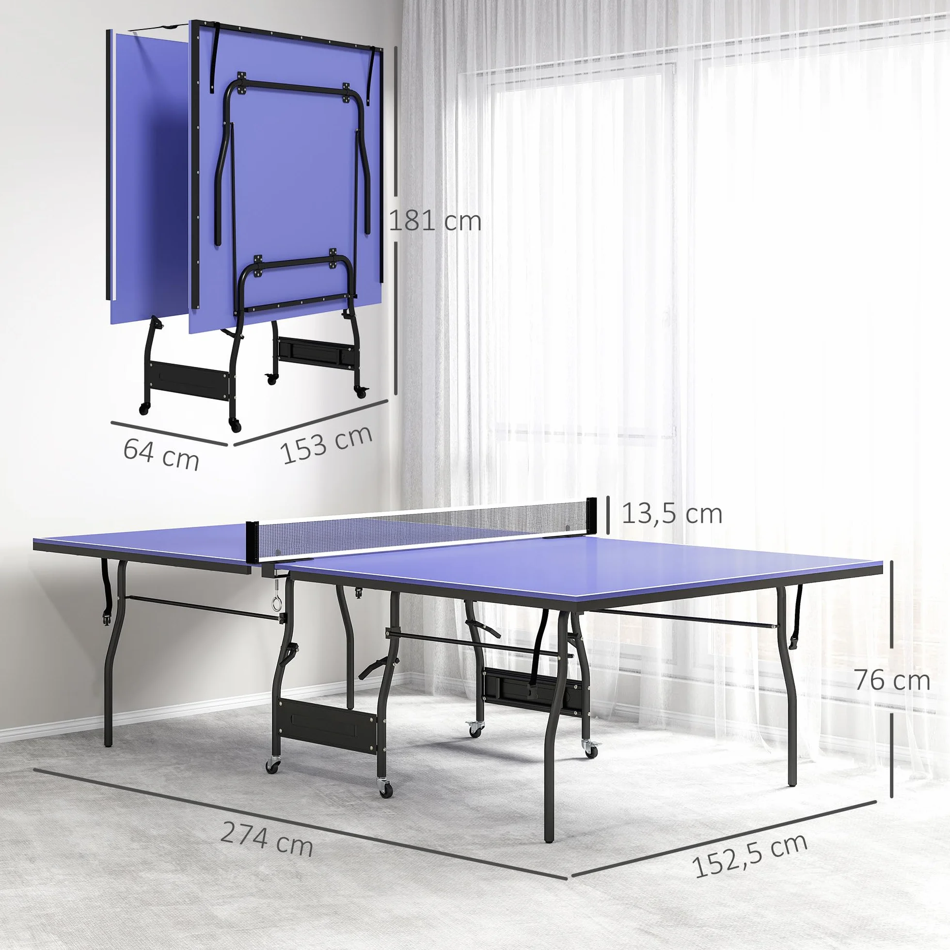 SPORTNOW Mesa de Ping-Pong Plegable Tamaño Estándar con 4 Ruedas, Red, 2 Paletas y 3 Pelotas 274x152,5x76 cm Azul