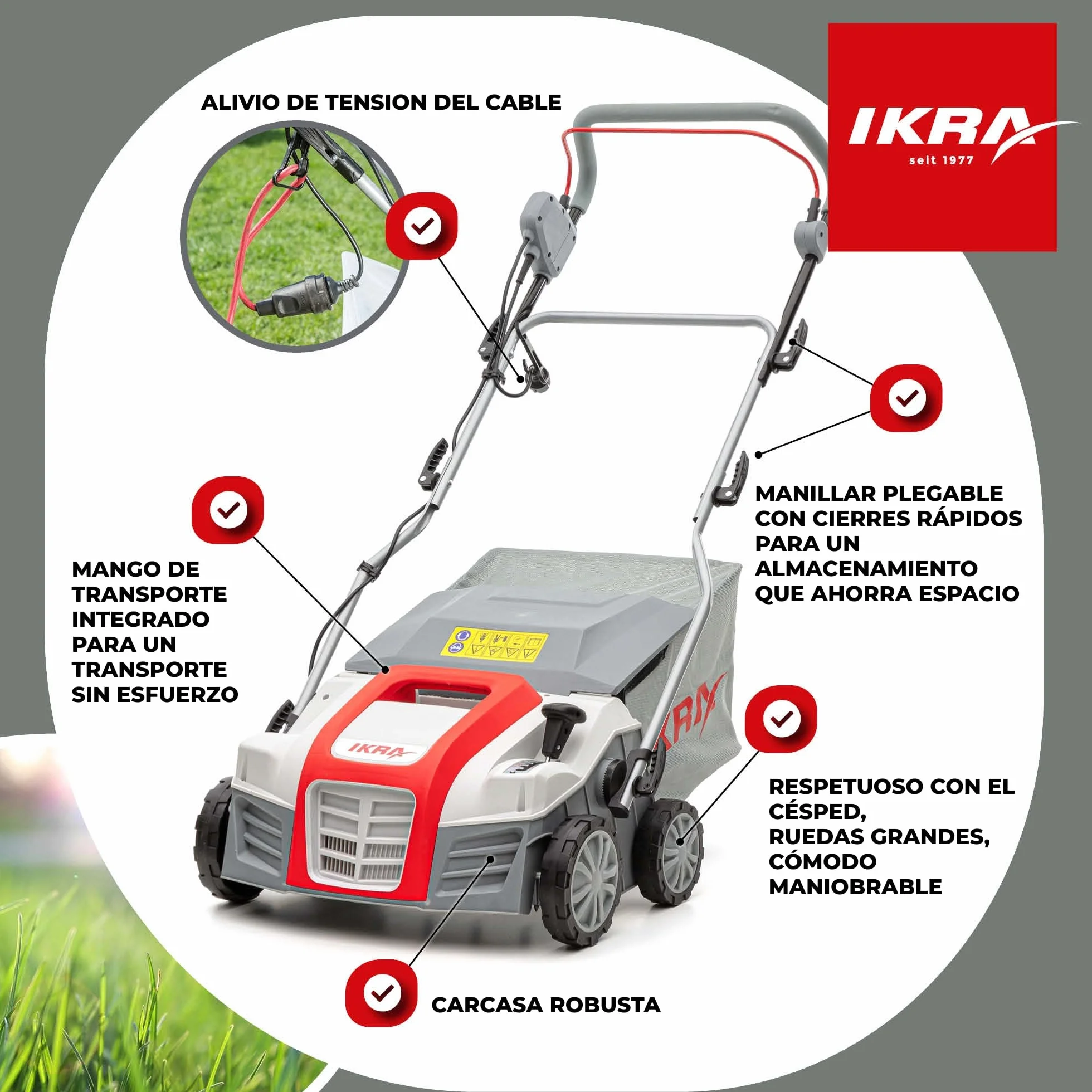 IKRA 80201020 escarificador y aireador eléctrico IEVL 1840, Saco coletor 55l, Largo de Trabajo 40cm, 1800 W, 230 V, color gris, rojo y negro
