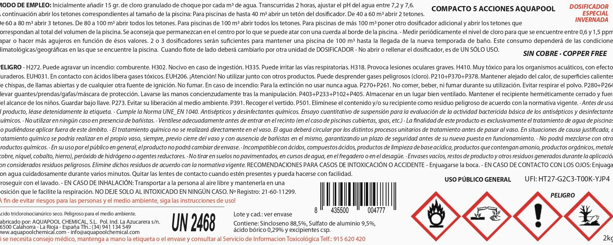 Kit invernaje Piscinas Grandes 2 DOSIFICADORES INVERNADA AQUAPOOL 4 KG + INVERNADOR LÍQUIDO SIN Cobre 5 litros - Tratamientos sin Cobre - Apto Piscinas Liner