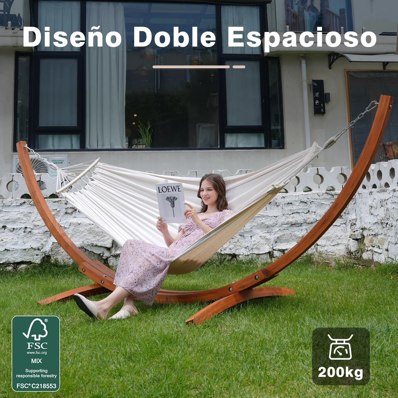Hamaca con Soporte de Madera, Incluye 2 Hamacas, Carga 200 kg, 320x120x120 cm, Estructura Arqueada Estable de Madera, Altura Ajustable, para Jardín, Terraza y Balcón