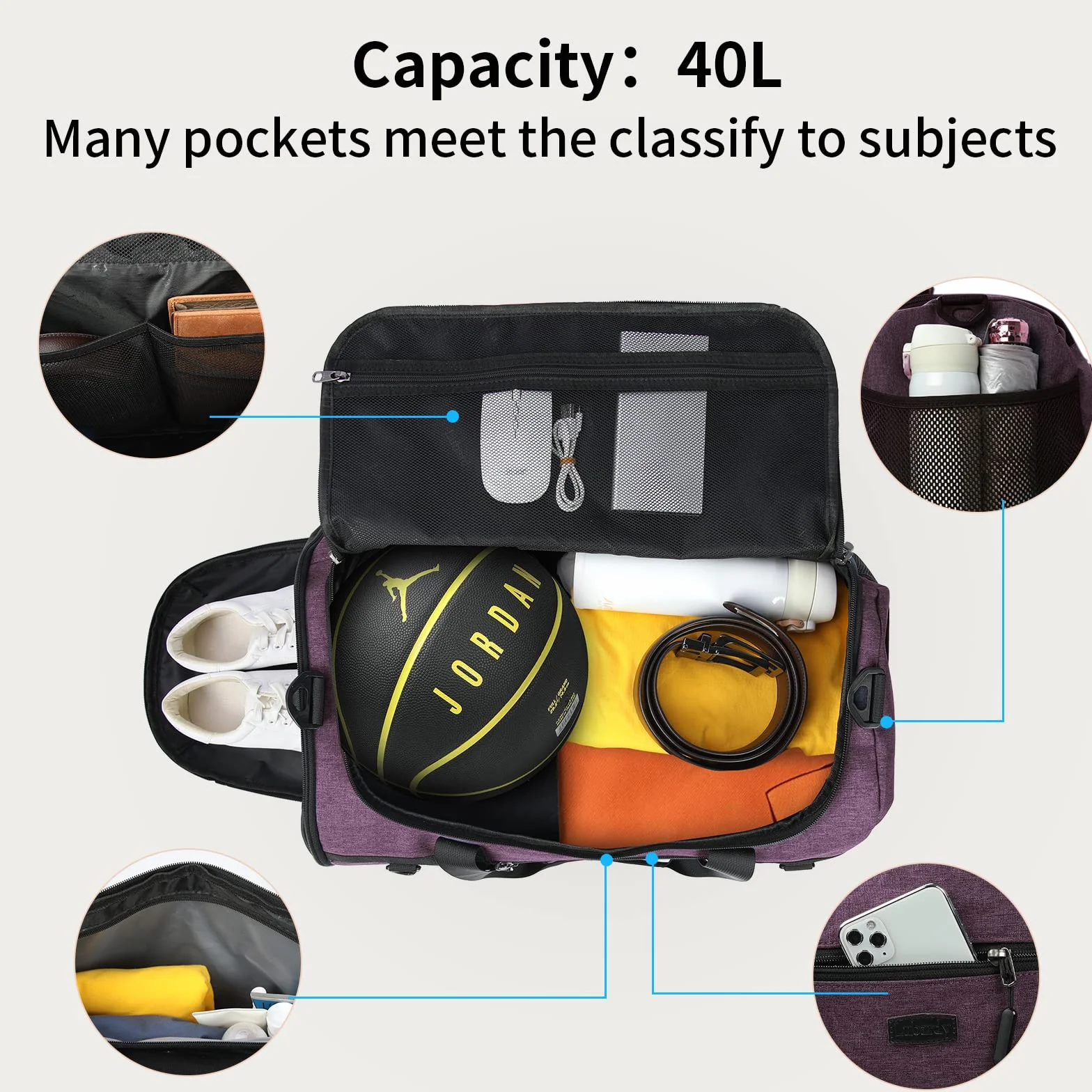 Lubardy Bolsa Deporte 40L Impermeable Viaje con Toalla Microfibra Compartimento Zapatos Violeta