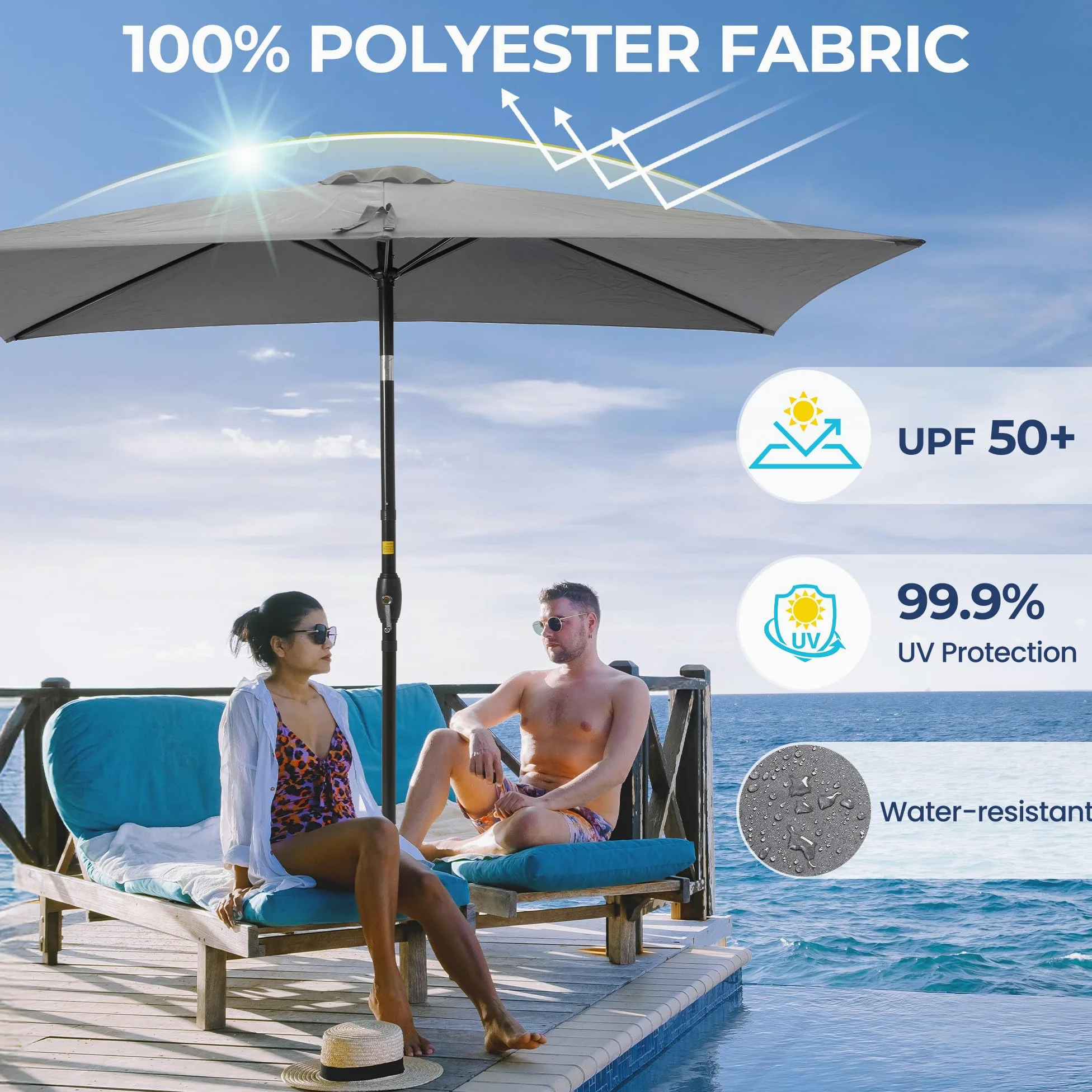 SUNVIVI OUTDOOR Sombrilla rectangular de 6.5 x 10 pies, poste de aluminio, sombrilla de mercado para mesa al aire libre con manivela, 6 varillas de acero, toldo de poliéster, color gris