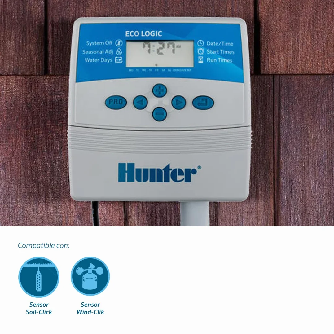 GNCGarden Programador de riego eléctrico Eco Logic 6 Estaciones Interior Hunter - Hunter ELC-601I-E - Hunter Eco-Logic Programador de Interior - Temporizador para riego 24V