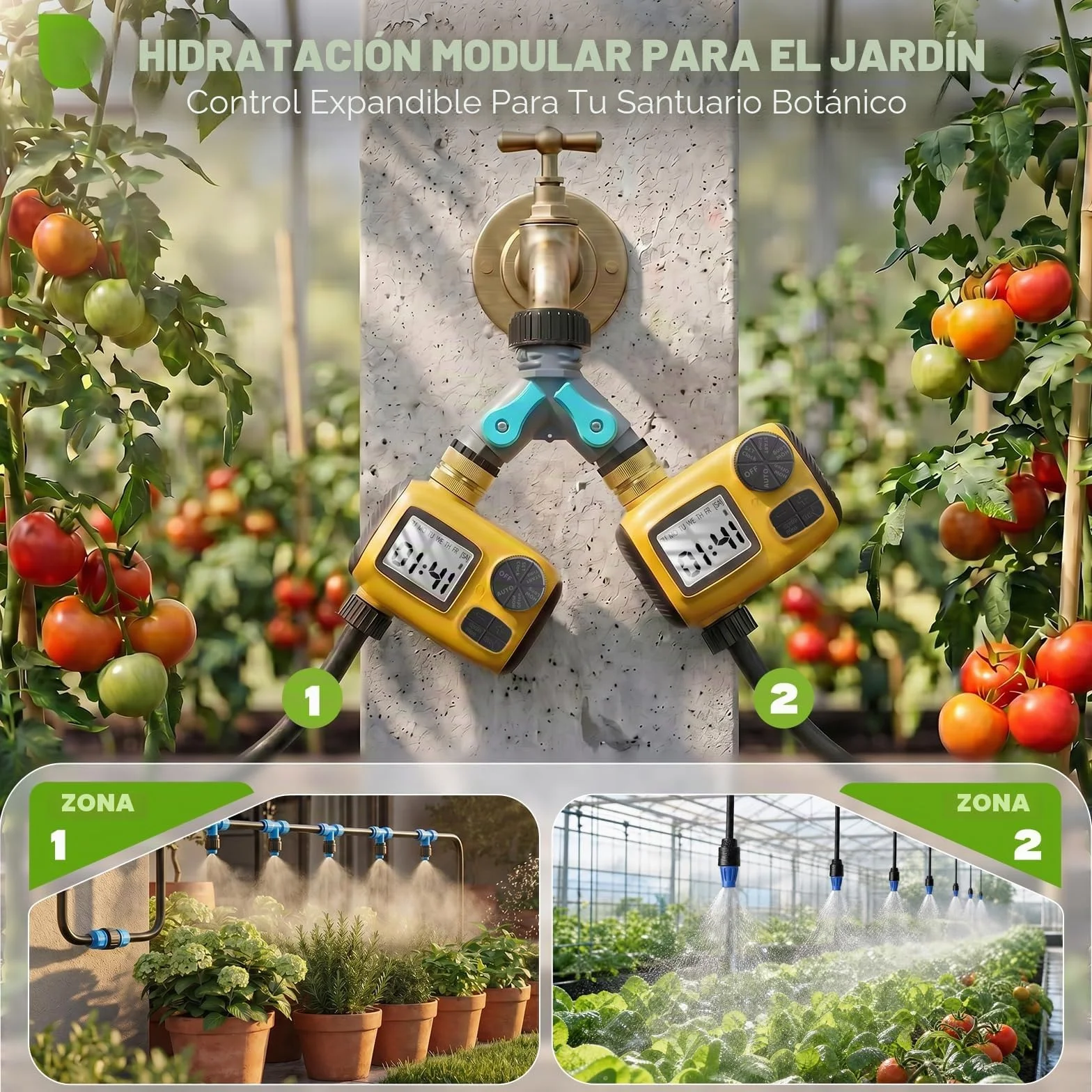 Pantalla LCD Programador de Riego Automático, Sistema de Riego Automático, con 3 Programas de Riego Independientes/Función de Retardo de Lluvia，Apto para Riego Césped/Patios