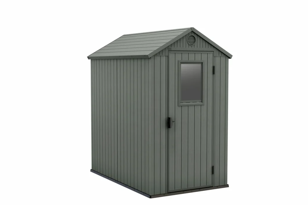 Keter Darwin Caseta de Jardín Exterior, Efecto Madera, Doble Puerta, Ventanas Frontales, Resistente a UV (Verde, 4x6)